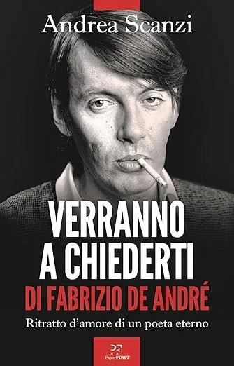 Book cover featuring a black and white portrait of a woman with a cigarette in her mouth, with the title 'Verranno a chiederti di Fabrizio De André' by Andrea Scanzi.