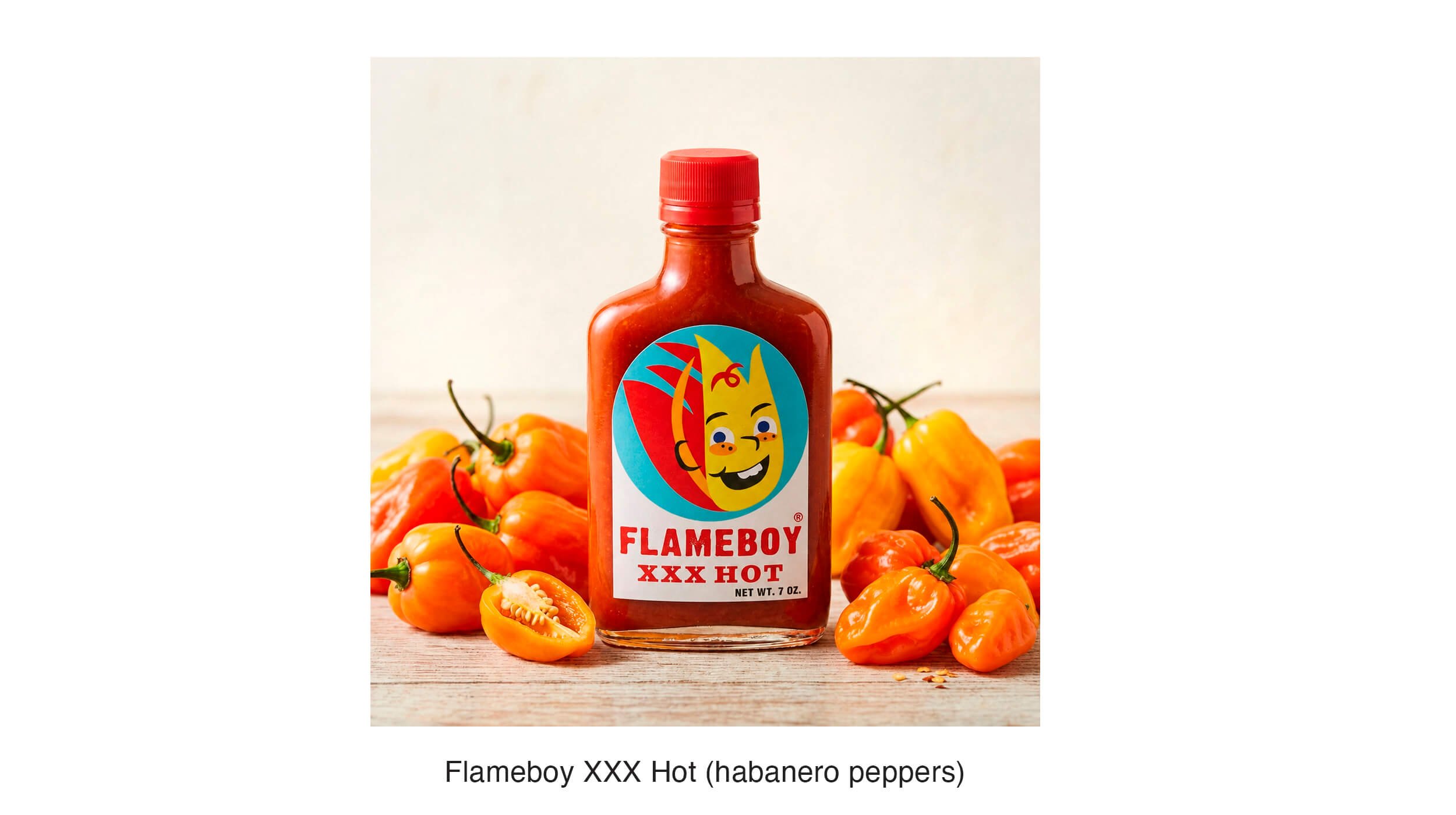 Flameboy XXX Hot. A habanero-based hot sauce designed for serious heat. The label system was built around the Flameboy character with bold typography scaled for a glass bottle substrate, creating a shelf presence that was impossible to miss and insta