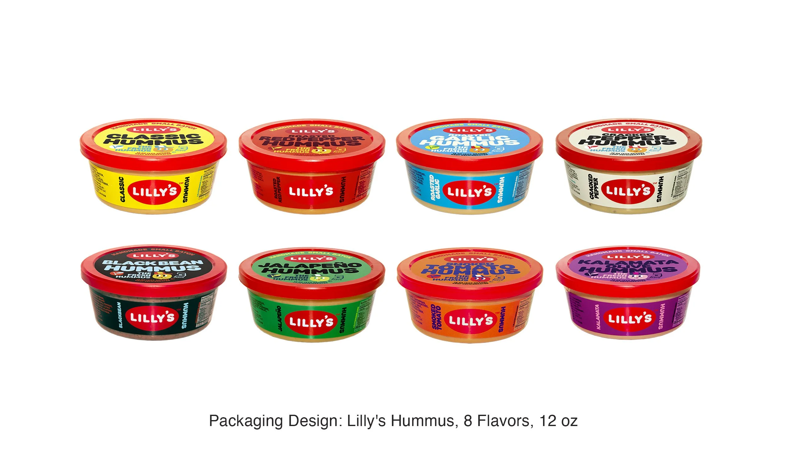 Brand Identity & Packaging System

Nine chickpea hummus flavors. Color-coded label system designed to stand out at shelf while maintaining cohesive brand identity across the full line.