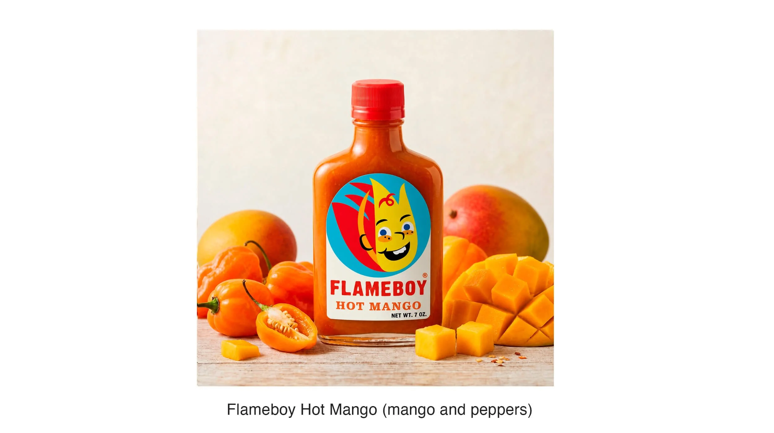 Flameboy Hot Mango. A fruit-forward extension of the line using the same character-driven label system adapted to communicate sweetness alongside heat. Consistent brand architecture across flavors.