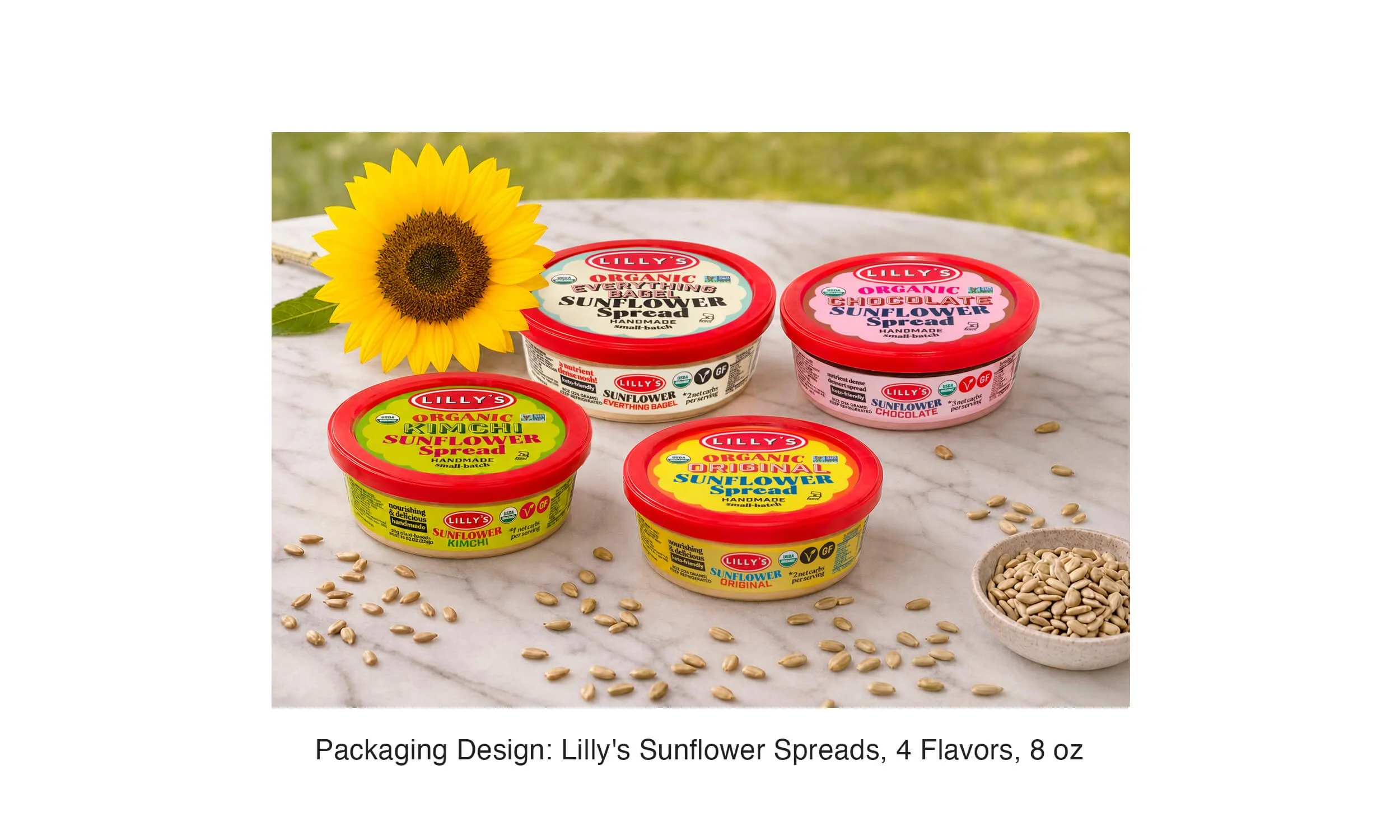 Line Extension: Organic Sunflower Seed Spreads

Designed packaging for a four-flavor sunflower spread line — extending the brand into a new category while maintaining the visual system across substrates.