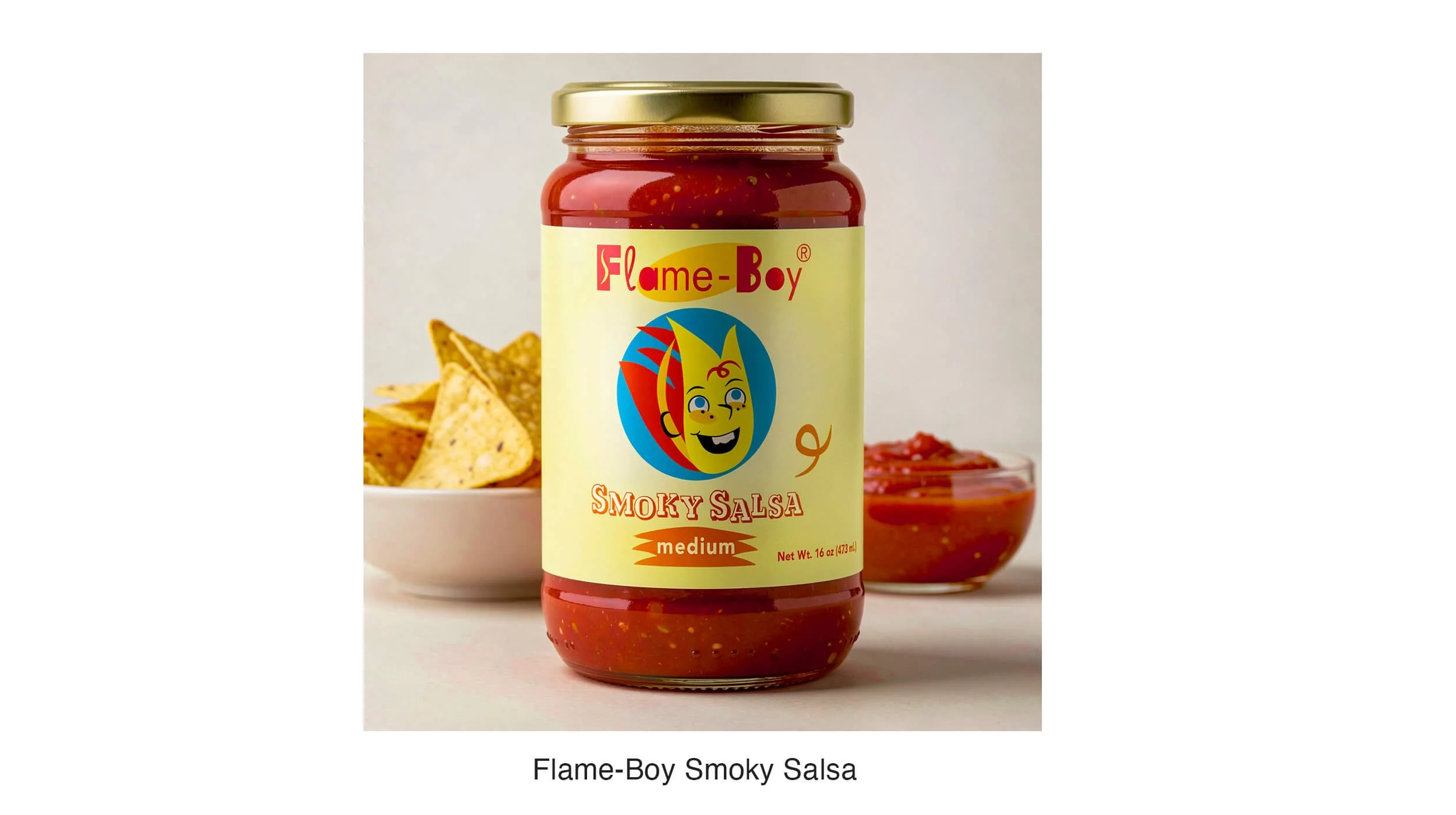 Flame-Boy Smoky Salsa. The brand extended from hot sauce into salsa, adapting the label design for a larger jar format. Different substrate, different retail set, same recognizable identity.