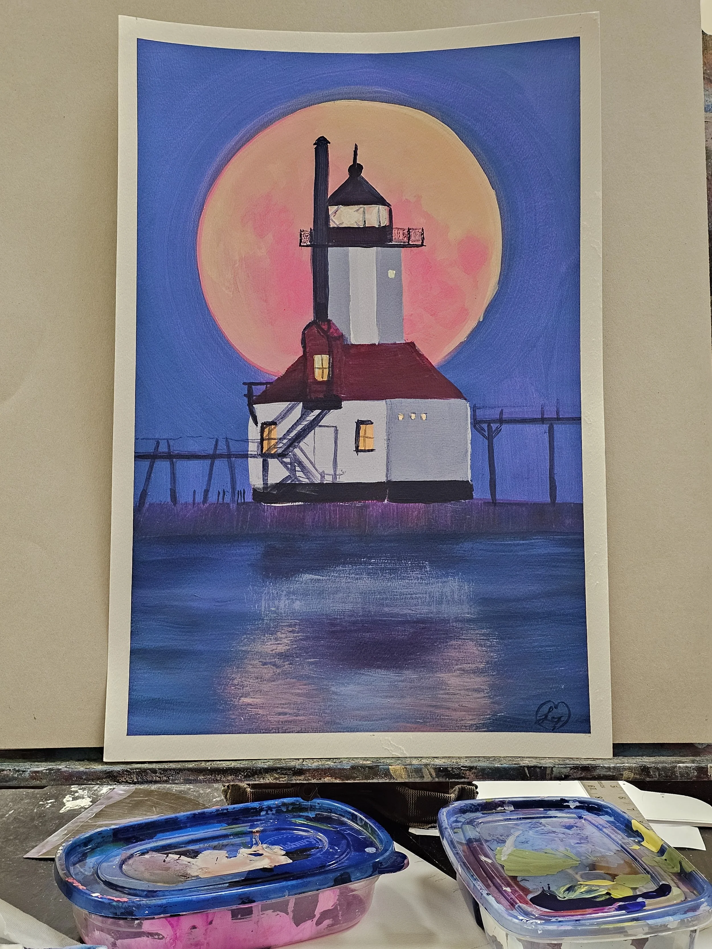 Paint With Me Beach! - St. Joe Lighthouse w/ glowing full moon