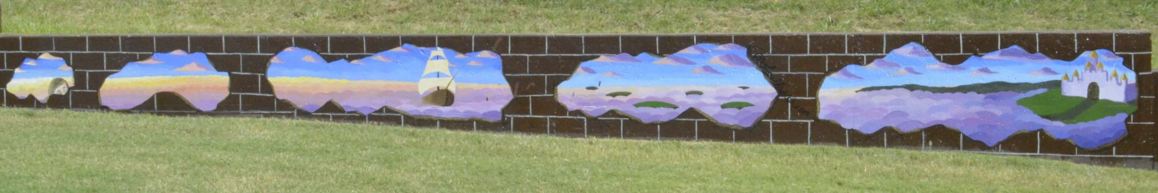Colorful trompe l'oeil brick wall knockout mural of a fantasy dream scape including floating mountains, a castle, boat, and curious on-looker all floating in a pastel cloud dreamscape in sunset colors.