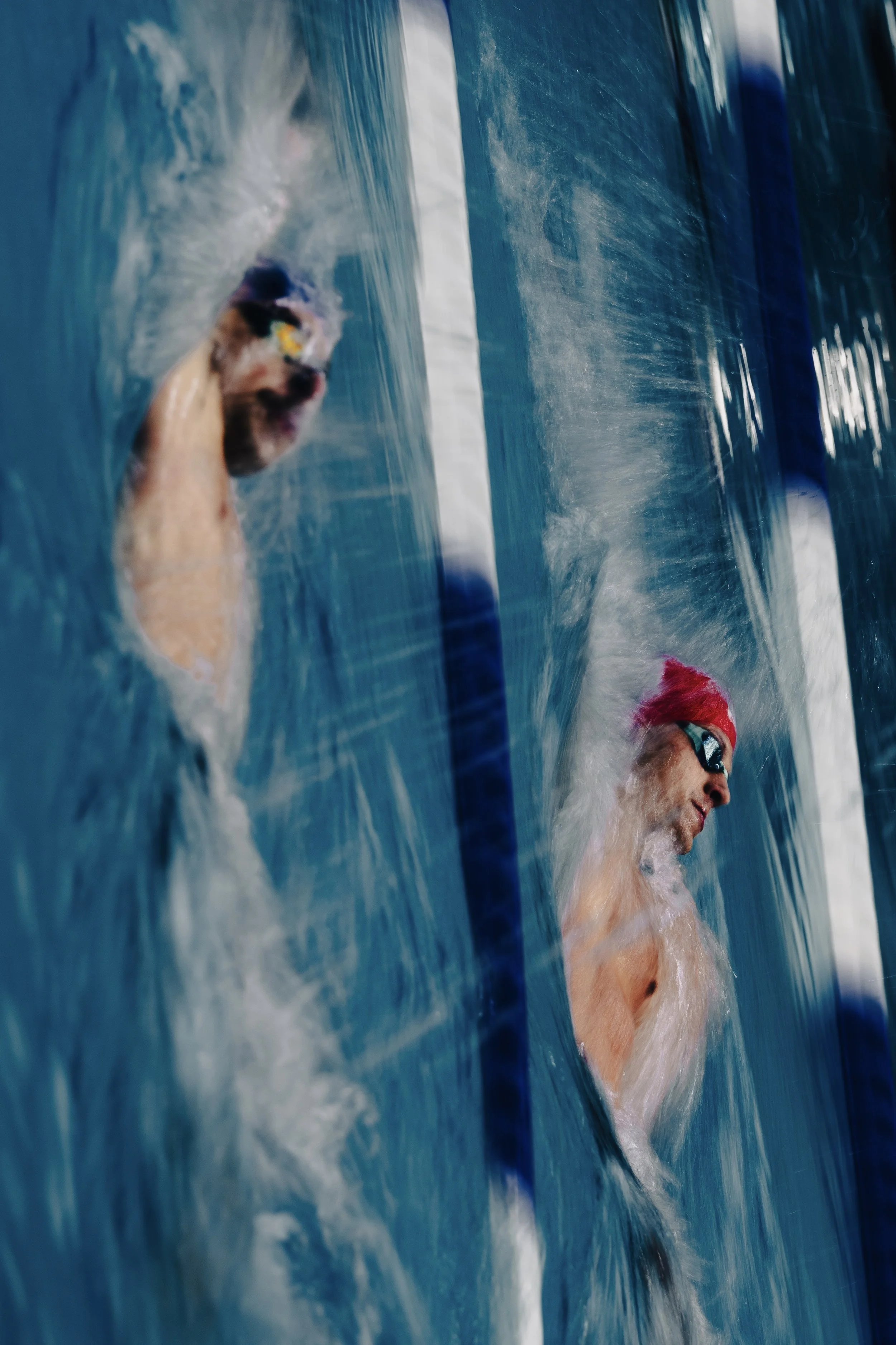 Swimmers competing in a race at an indoor swimming pool.