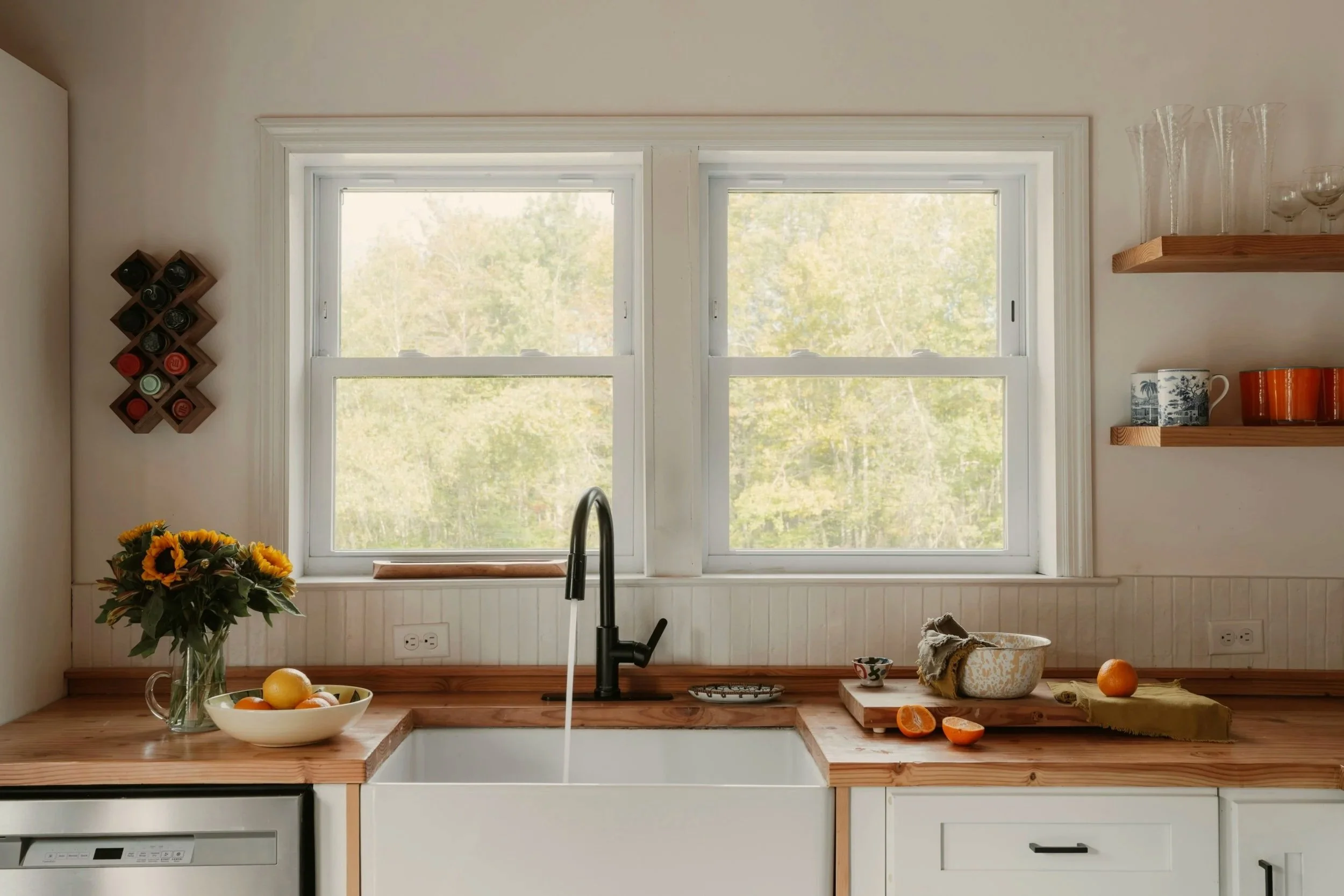 Bright kitchen with wood countertops after a residential cleaning