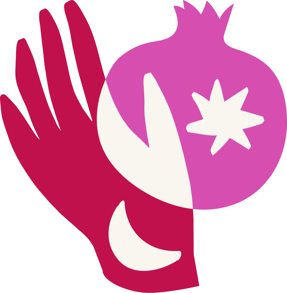 A layered hand and pomegranate with moon and starburst