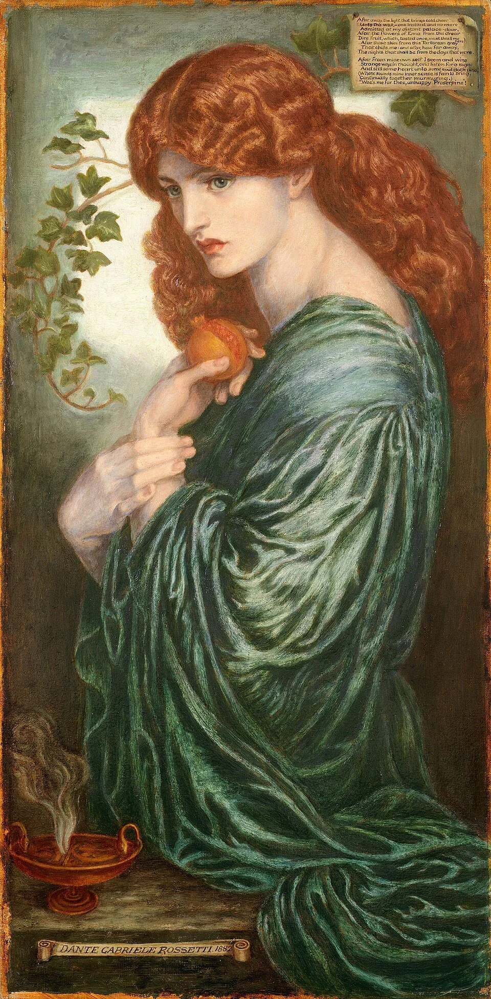 A painting of a woman with red hair, wearing a green, flowing garment, holding a peach. She has pale skin and striking blue eyes. There is green ivy on her left side and a steaming vessel at her feet. A poem and the name "Dante Gabrielle Rossetti" are visible at the top and bottom of the painting.