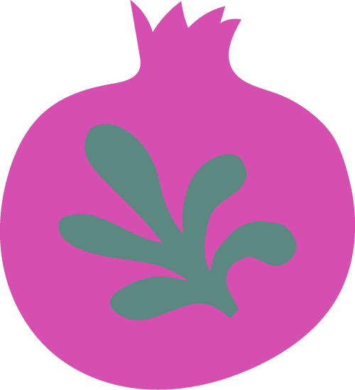 Stylized illustration of a pomegranate with green leaves inside, in purple and green colors.