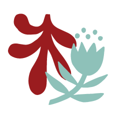Stylized illustration of a red plant and a light blue tulip