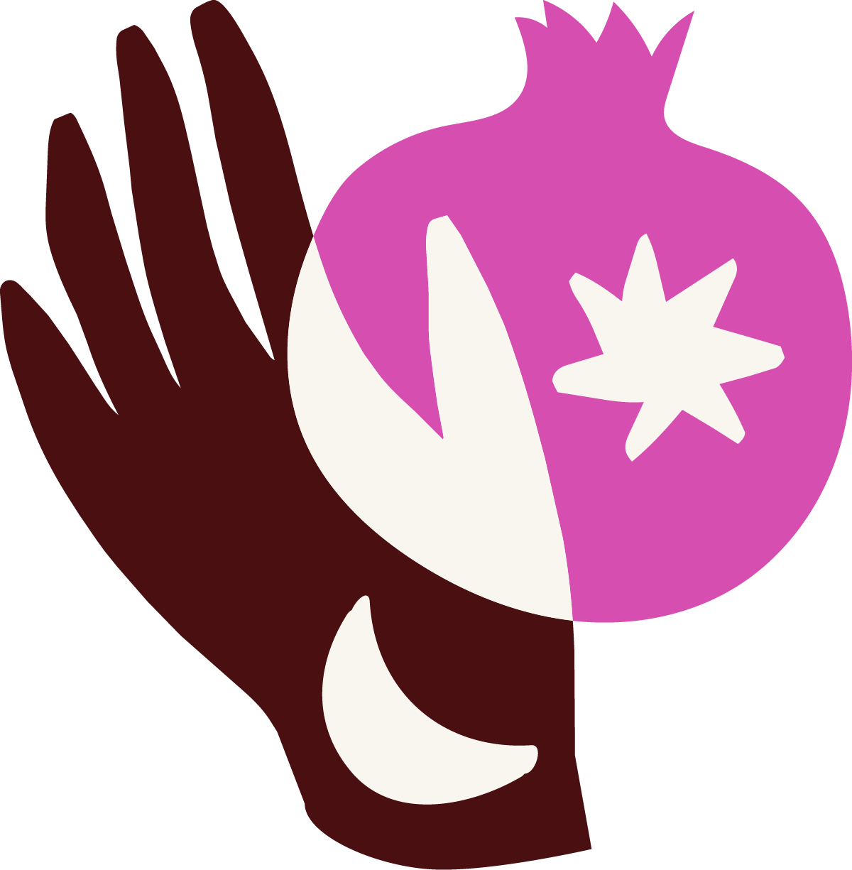 Abstract illustration of a human hand with a moon and flower on a stylized face