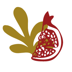 Illustration of a partially opened pomegranate with red seeds inside and abstract yellow leaves.