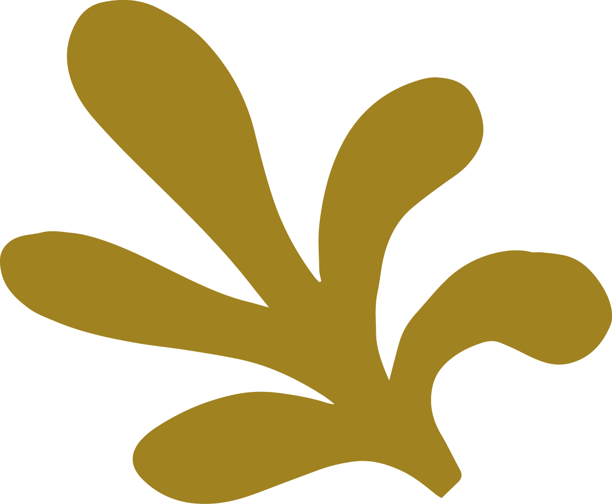 A stylized, gold-colored abstract shape resembling a sprouting plant or coral against a black background.