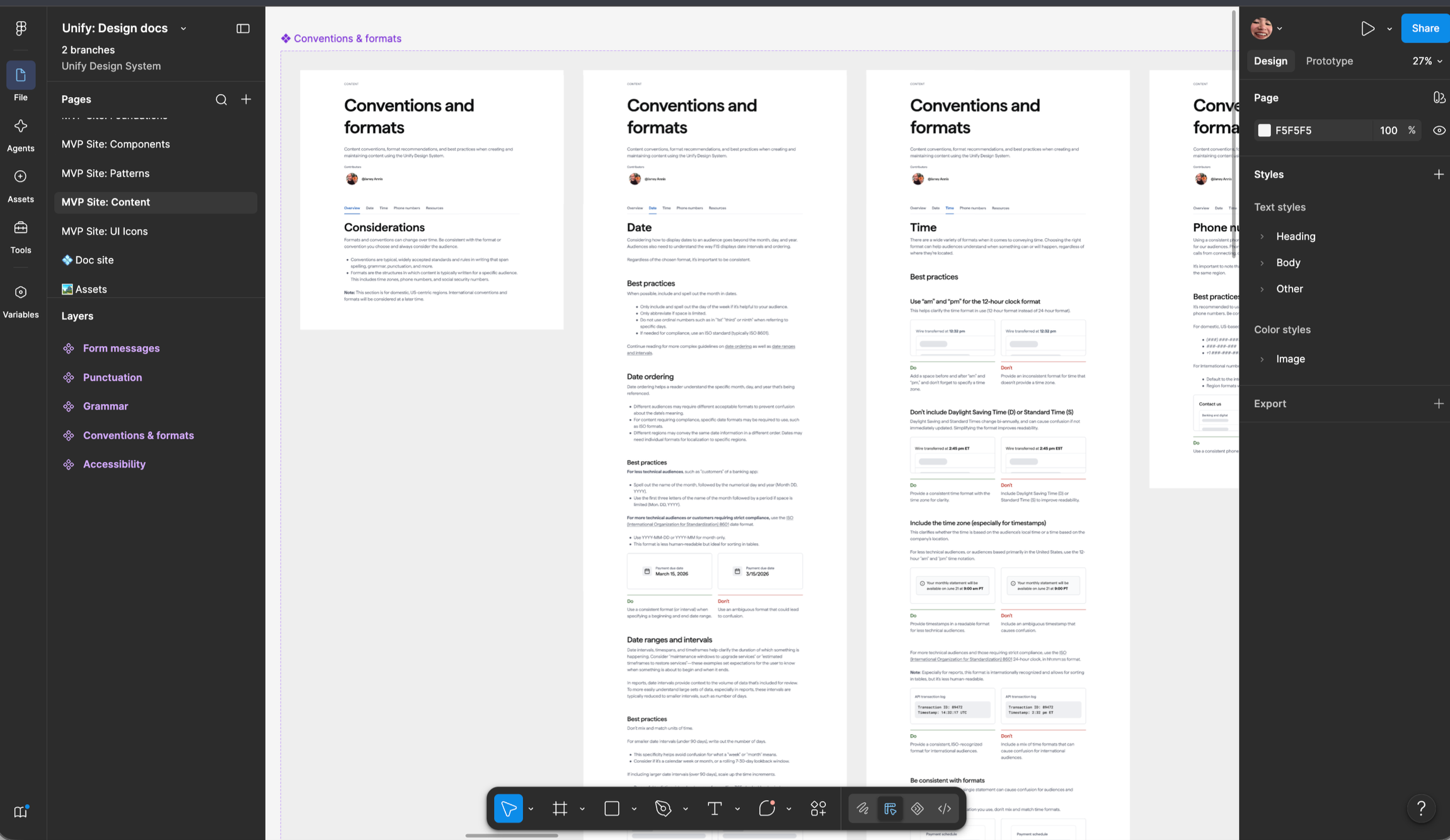 Screenshot of a design document titled 'Conventions and formats' with multiple pages, showing guidelines on date formatting, time formats, and best practices for date and time representation.