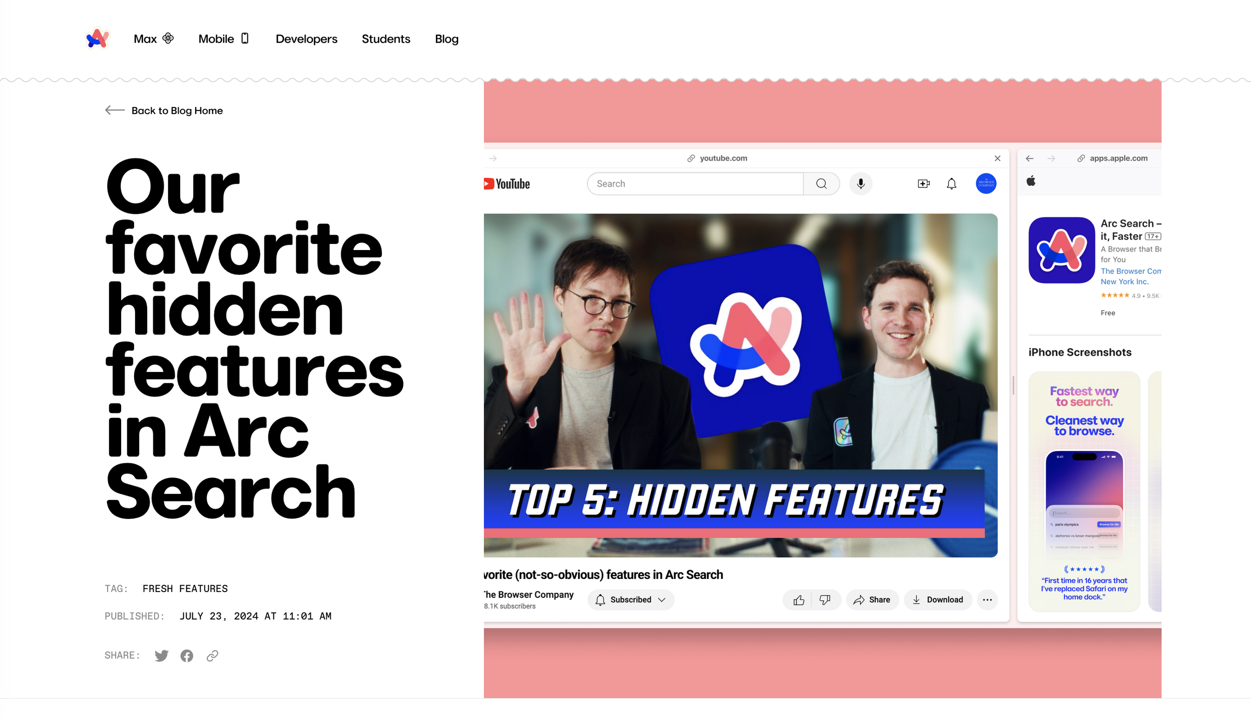 A blog page featuring a large headline that reads, "Our favorite hidden features in Arc Search," with a background image of two people in front of a computer screen, one wearing glasses and the other smiling. The top portion contains a navigation menu with links labeled Max, Mobile, Developers, Students, and Blog. The page also displays an embedded YouTube video titled "TOP 5: HIDDEN FEATURES" with a view count of 8.1K subscribers, and a sidebar with an app store listing for Arc Search.