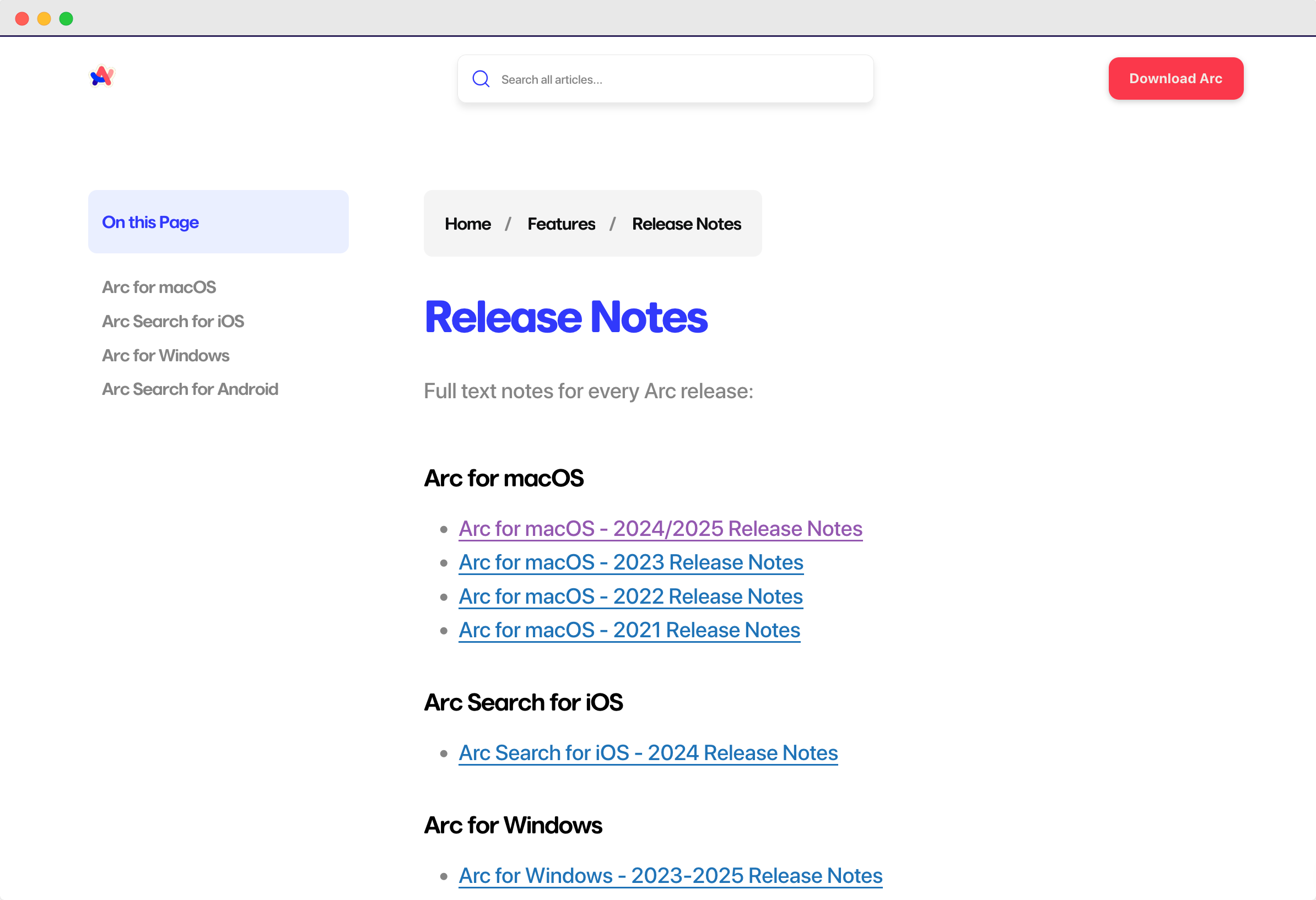 Screenshot of a website page titled 'Release Notes' with links to release notes for different versions of Arc for macOS, iOS, and Windows, and a search bar at the top.