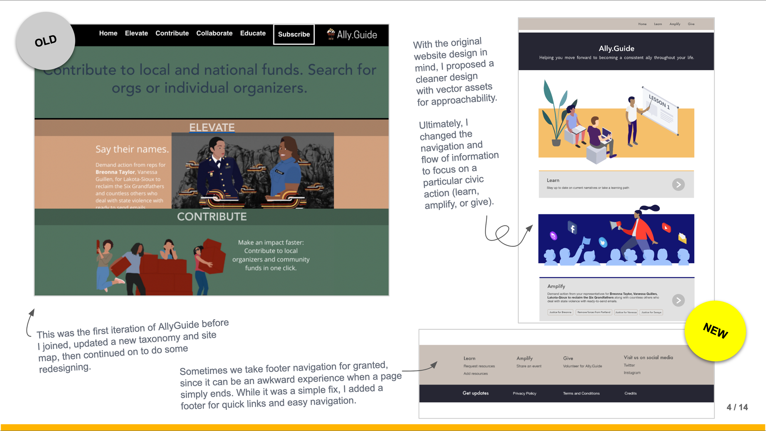 Comparison of two website designs for Ally.Guide, showing an old design on the left with a black navigation bar at the top and colorful illustrations, and a new design on the right with a cleaner layout, simplified navigation, and illustrated characters discussing a lesson.