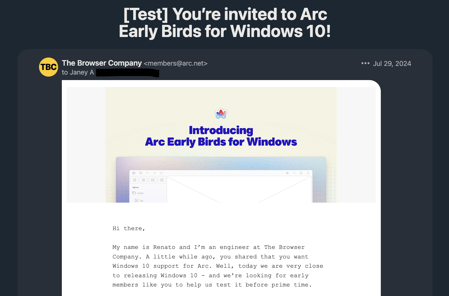 Email announcing Arc Early Birds program for Windows 10 from The Browser Company, dated July 29, 2024, with a headline, logo, and screenshot of a document.