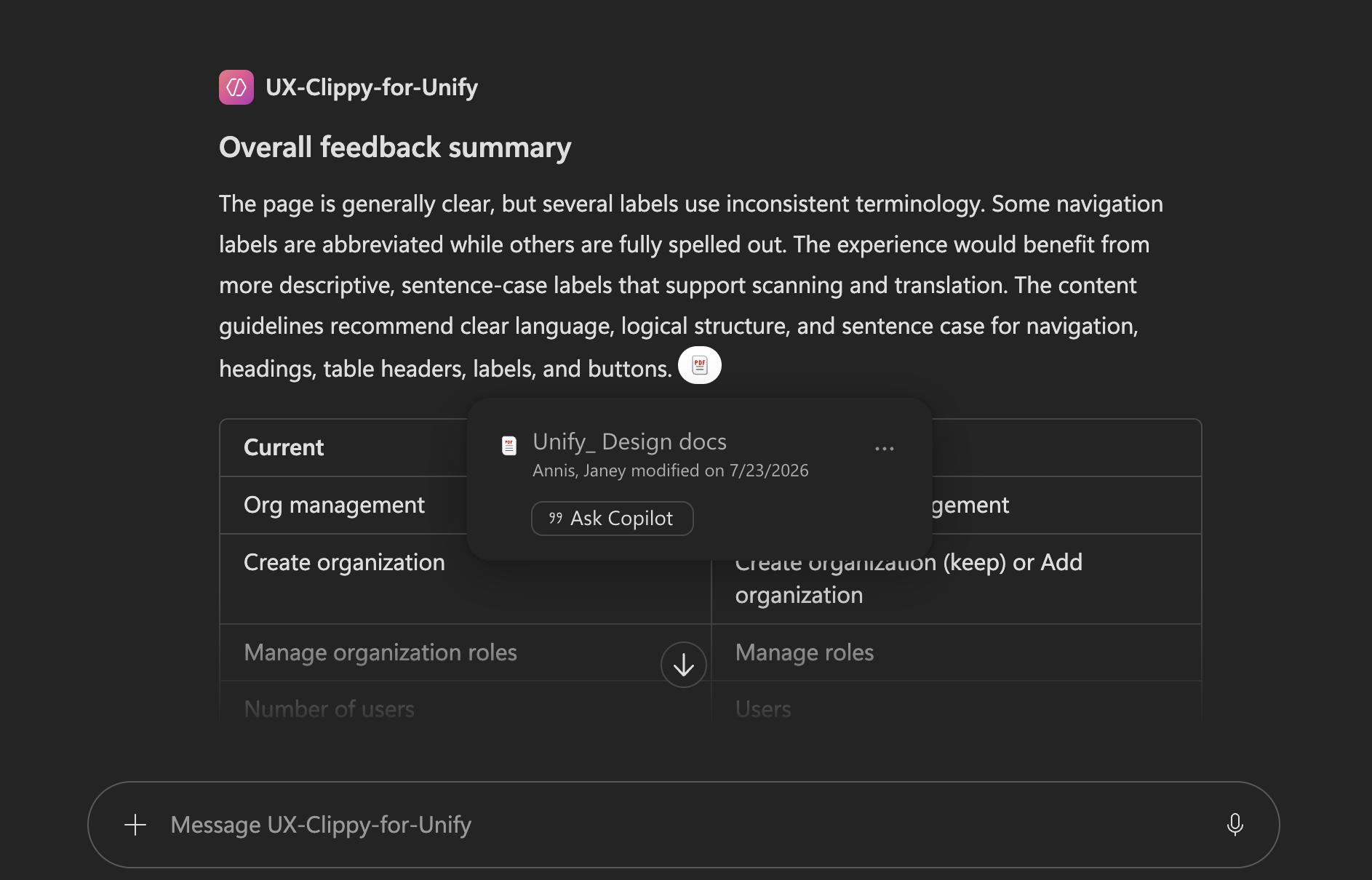 Screenshot of a user interface showing feedback summary for UX-Clippy for Unify, with a PDF document titled 'Unify_ Design docs' and a button for asking a copilot. The interface has text discussing navigation labels, content guidelines, and organizational management.
