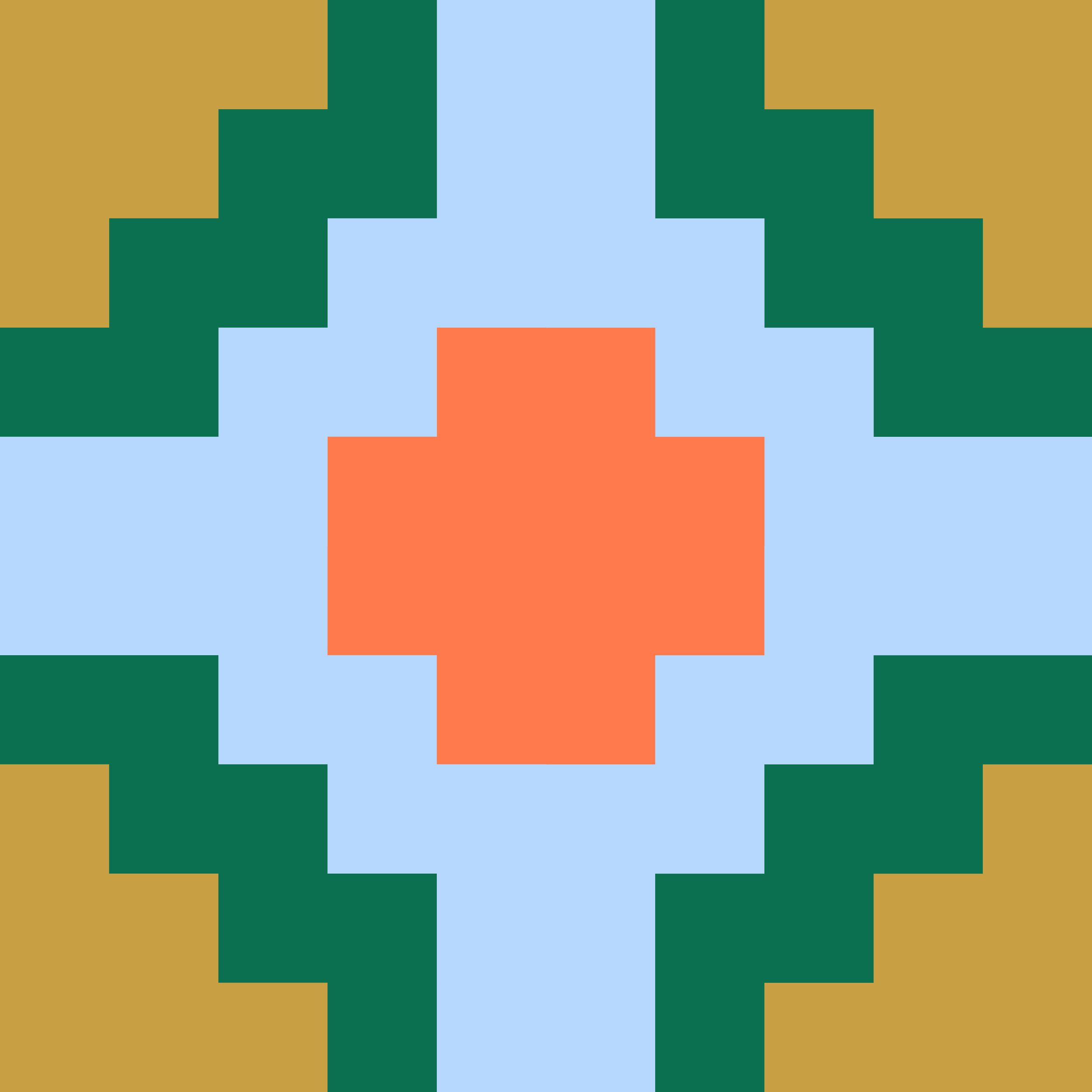 A pixelated abstract design with large blocks of gold, dark green, light blue, and orange colors in a geometric pattern.