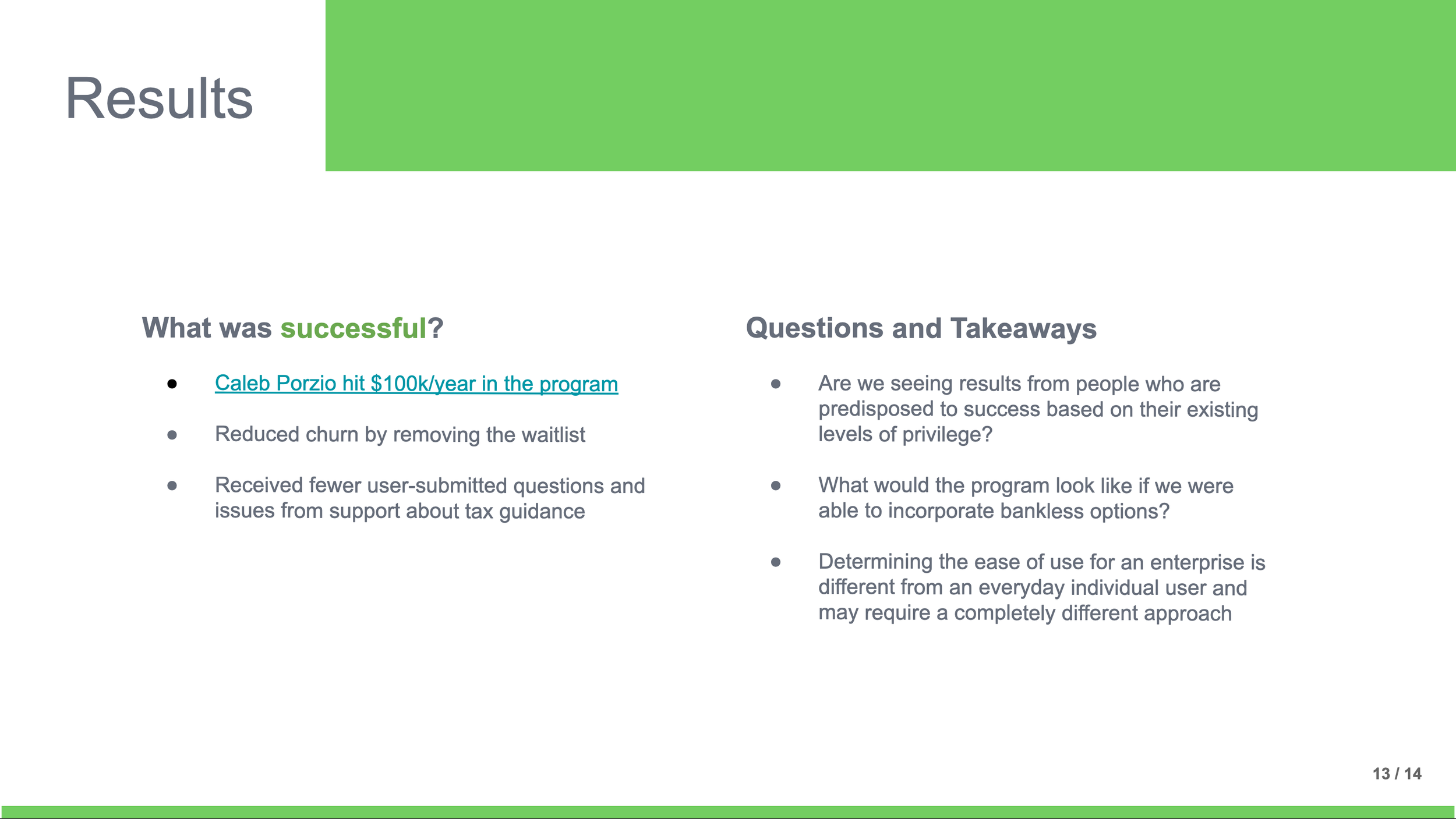 A presentation slide with the title 'Results' and a green bar across the top. The slide has two columns: on the left, a section titled 'What was successful?' with bullet points about Caleb Porzio's achievements, and on the right, a section titled 'Questions and Takeaways' with bullet points about evaluating results and program design questions.