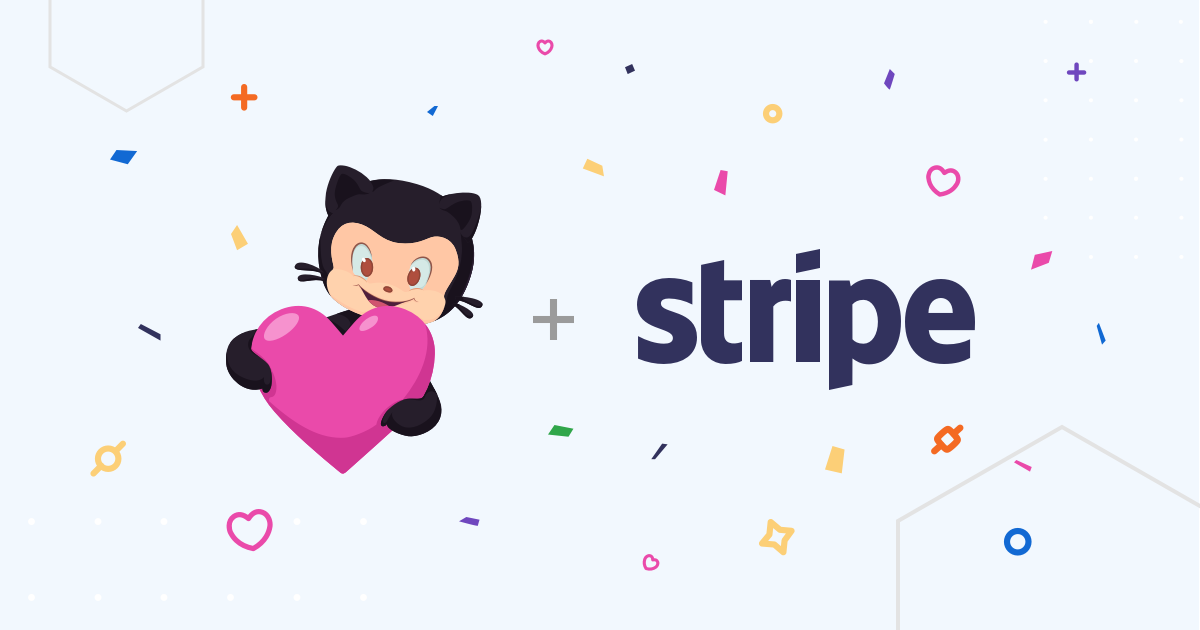 A header featuring GitHub's mascot cartoon character of a black cat holding a pink heart with the word 'stripe' next to it, surrounded by colorful confetti on a light background.