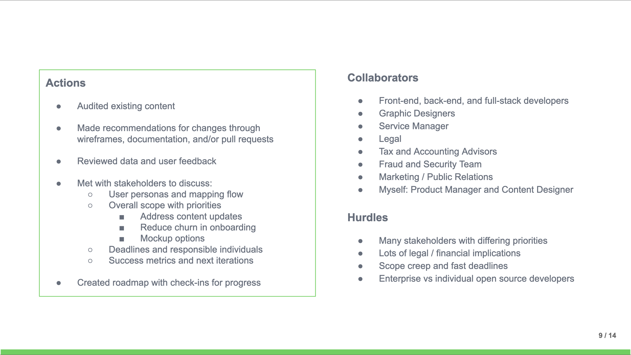 Actions, collaborators, and hurdles