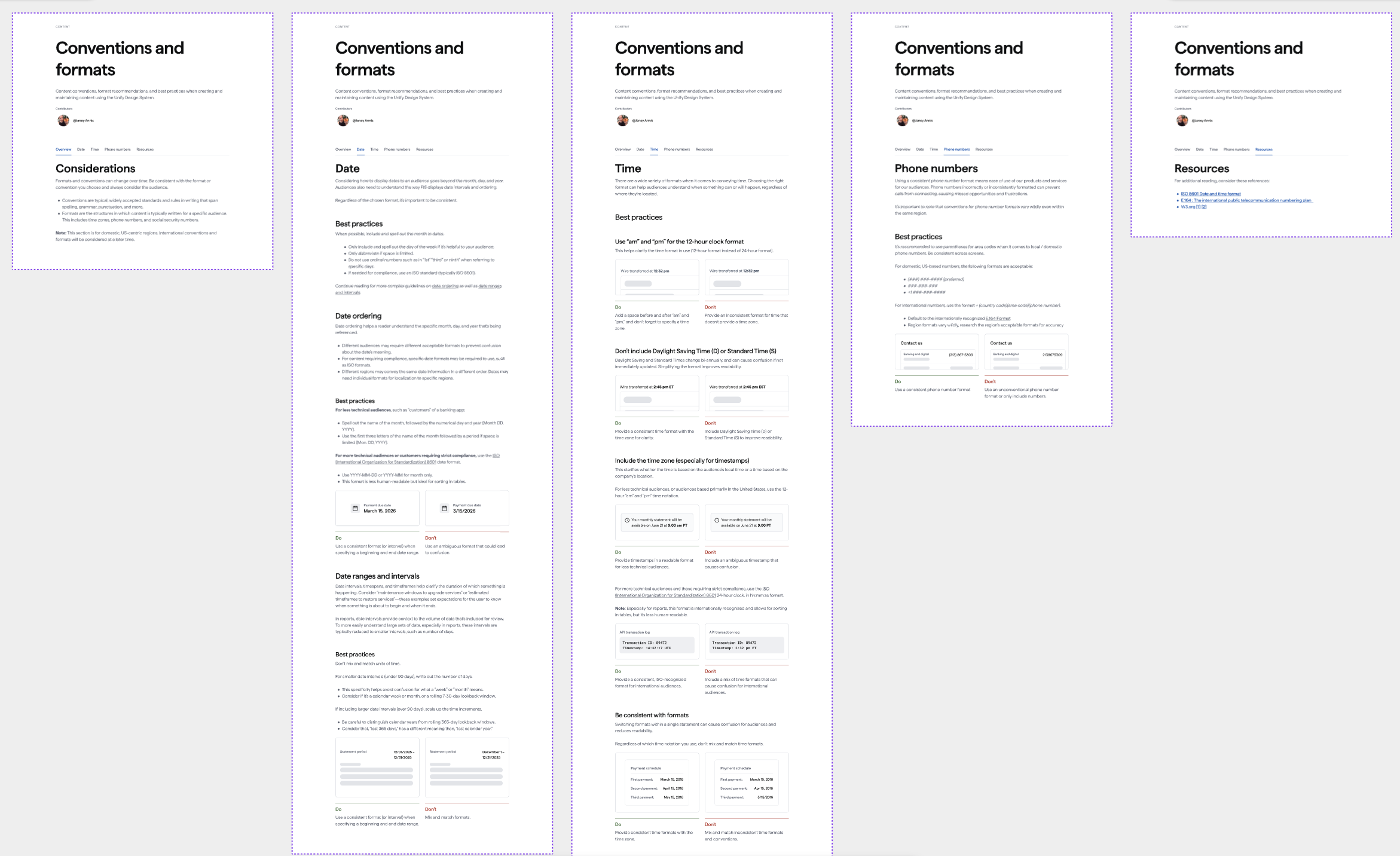 Screenshots of a document titled "Conventions and Formats" that explains content conventions, format recommendations, and best practices for creating and maintaining content using the Unity Design System. The pages include sections on considerations, date, time, phone numbers, resources, date ordering, intervals, best practices, and formatting guidance.