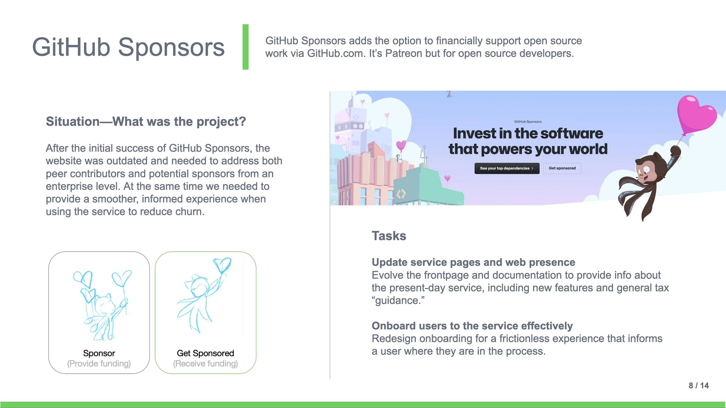 Screenshot of a webpage section titled GitHub Sponsors, showing a cartoon graphic of a girl with long hair holding a pink heart-shaped balloon, beside illustrations of city buildings with pink and purple accents. The webpage promotes investing in software that powers the world, with buttons for viewing dependencies and getting sponsored, and includes text about updating service pages and onboarding users.