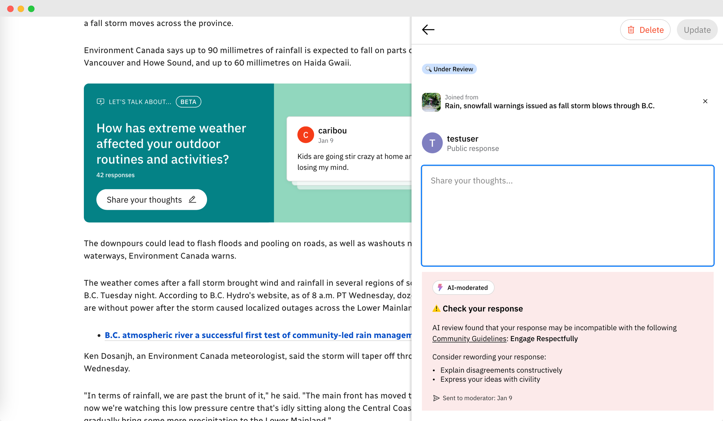 A screenshot of a news article discussing the impact of extreme weather, specifically heavy rainfall and fall storms in British Columbia, with responses to a survey about outdoor routines affected by weather, and a sidebar showing comments and review status.