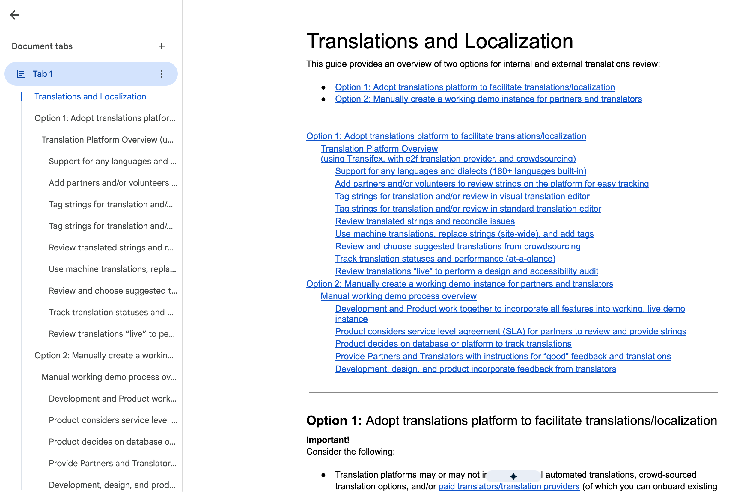 Screenshot of a digital document from a guide on translations and localization, featuring a table of contents with options for translation platforms and processes.