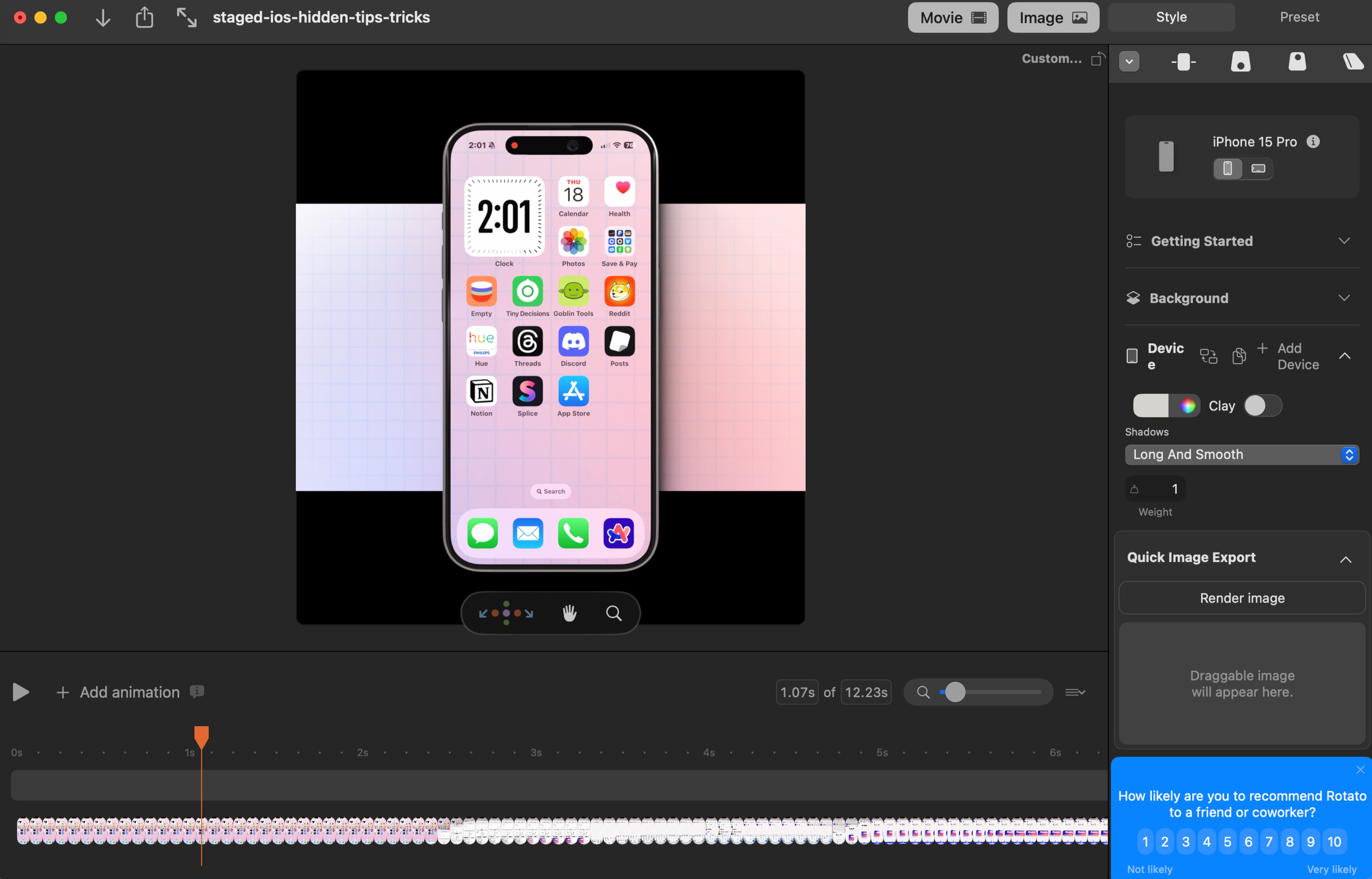 Screenshot of a computer screen showing an editing interface with a mock iPhone 15 Pro displaying a home screen with app icons, on a background of purple and pink checkered pattern.