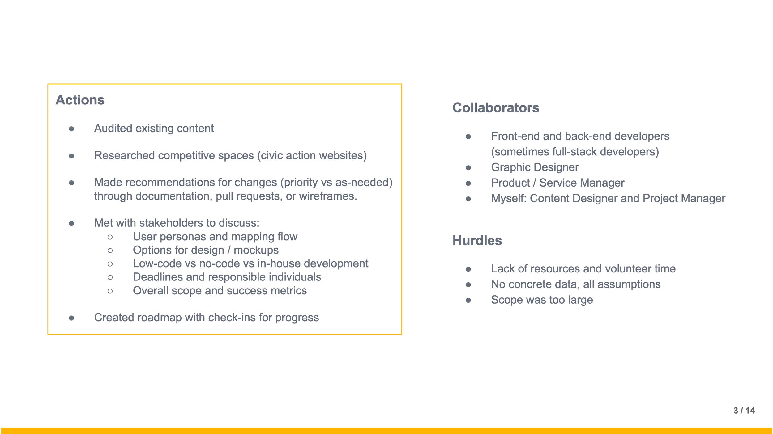 A presentation slide listing actions, collaborators, and hurdles related to project tasks. The actions include auditing content, researching spaces, making recommendations, and meeting with stakeholders. The collaborators include front-end and back-end developers, a graphic designer, a product manager, and the speaker. The hurdles include lack of resources and data, scope issues, and deadlines.