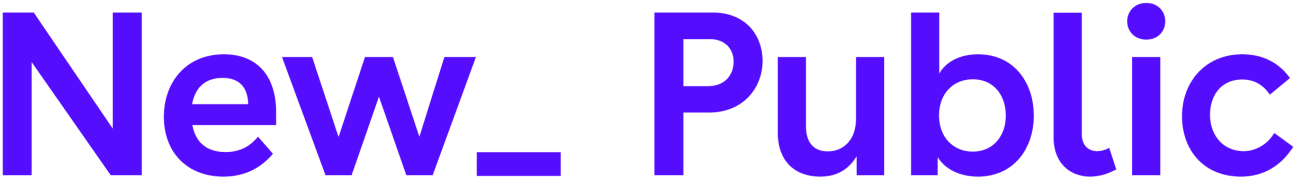 Text saying 'New Public' in large blue font on a black background.