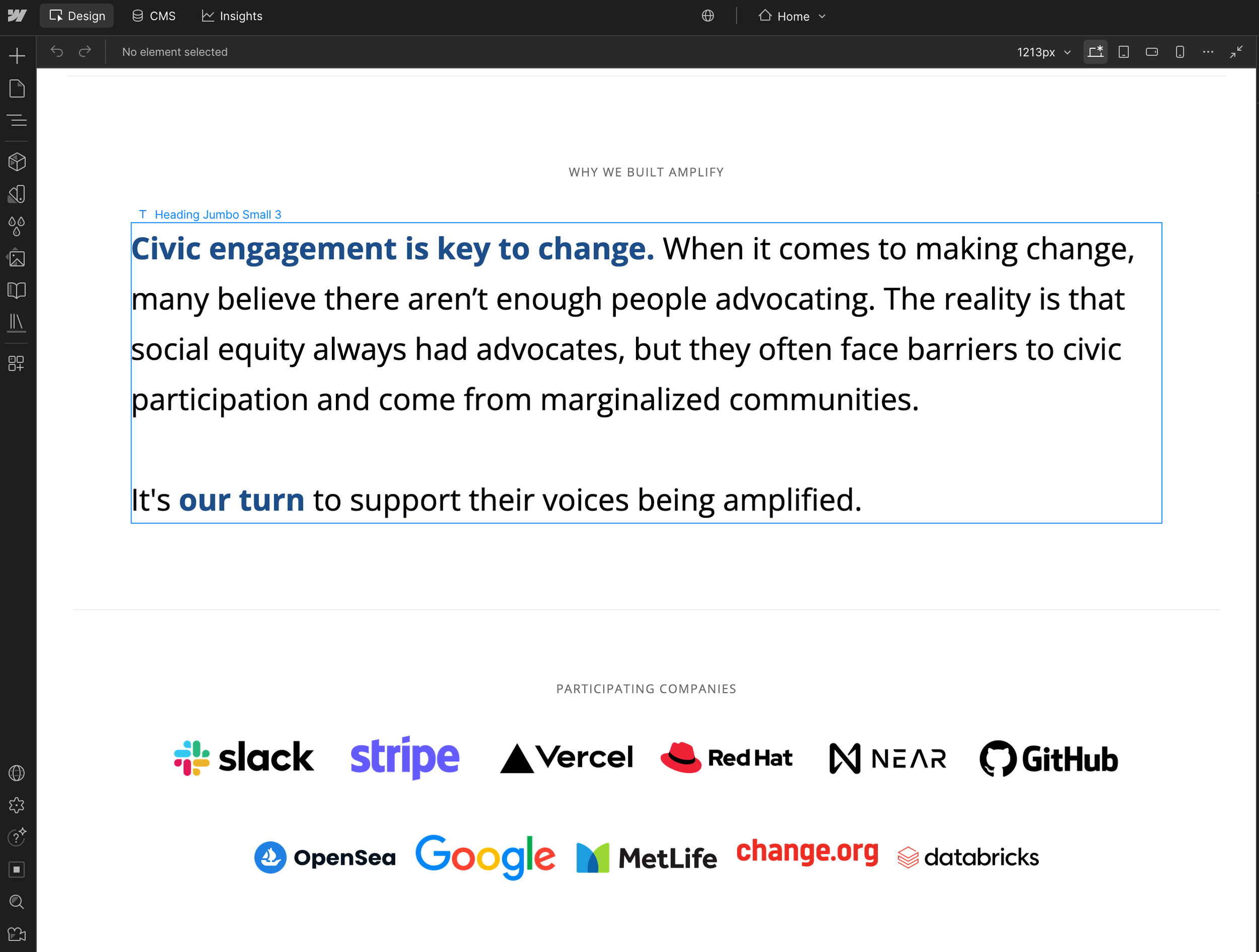 Screenshot of a webpage with the title 'WHY WE BUILT AMPLIFY' and a paragraph about civic engagement, accompanied by logos of companies like Slack, Stripe, Vercel, Red Hat, NEAR, GitHub, OpenSea, Google, MetLife, change.org, and databricks at the bottom.