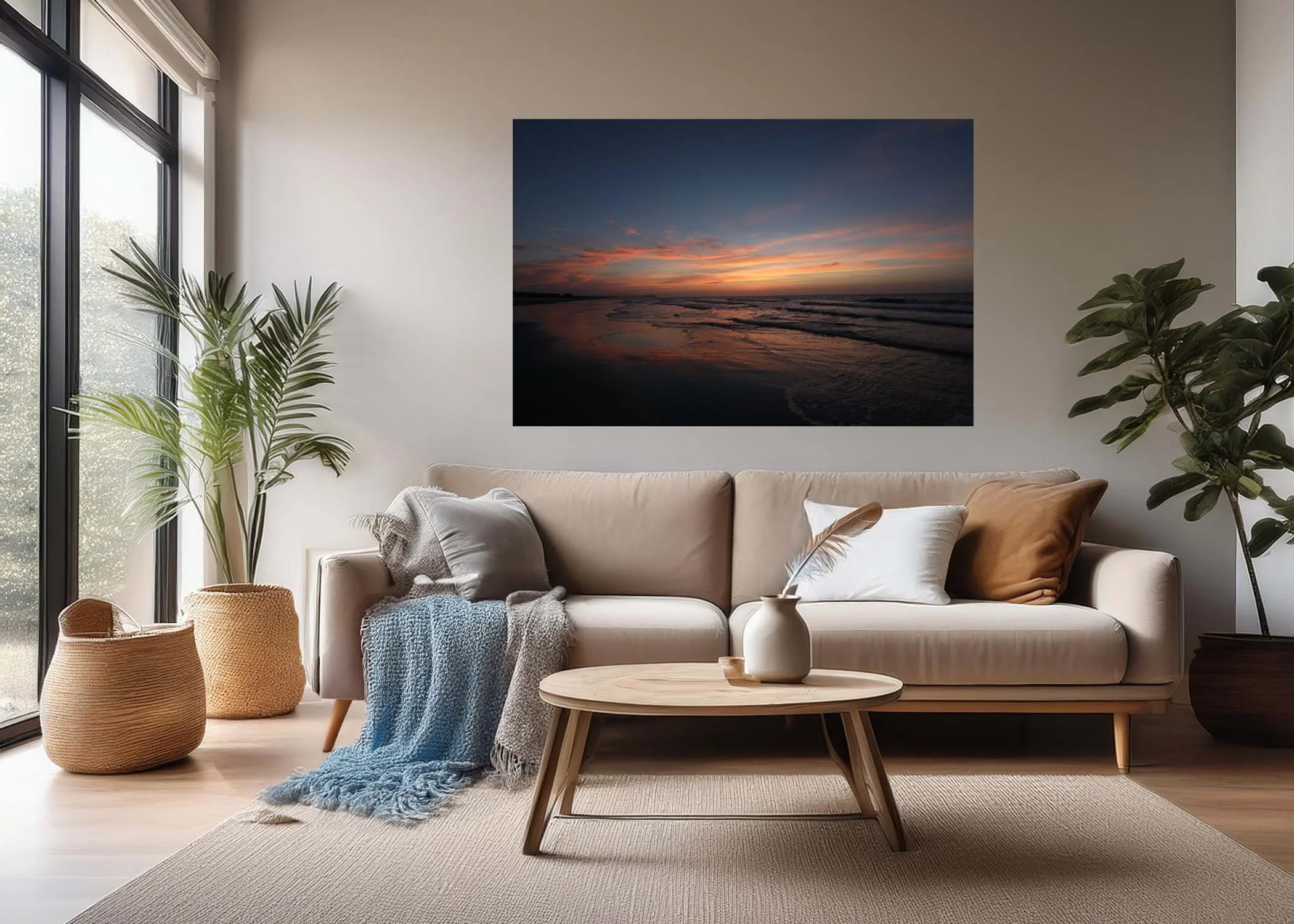 A contemplative, retreat room with a beige sofa, decorative pillows, a wooden coffee table, and a large framed beach sunrise photo on the wall. There is a feather and natural light. This serene space welcomes the tired to renew their soul.
