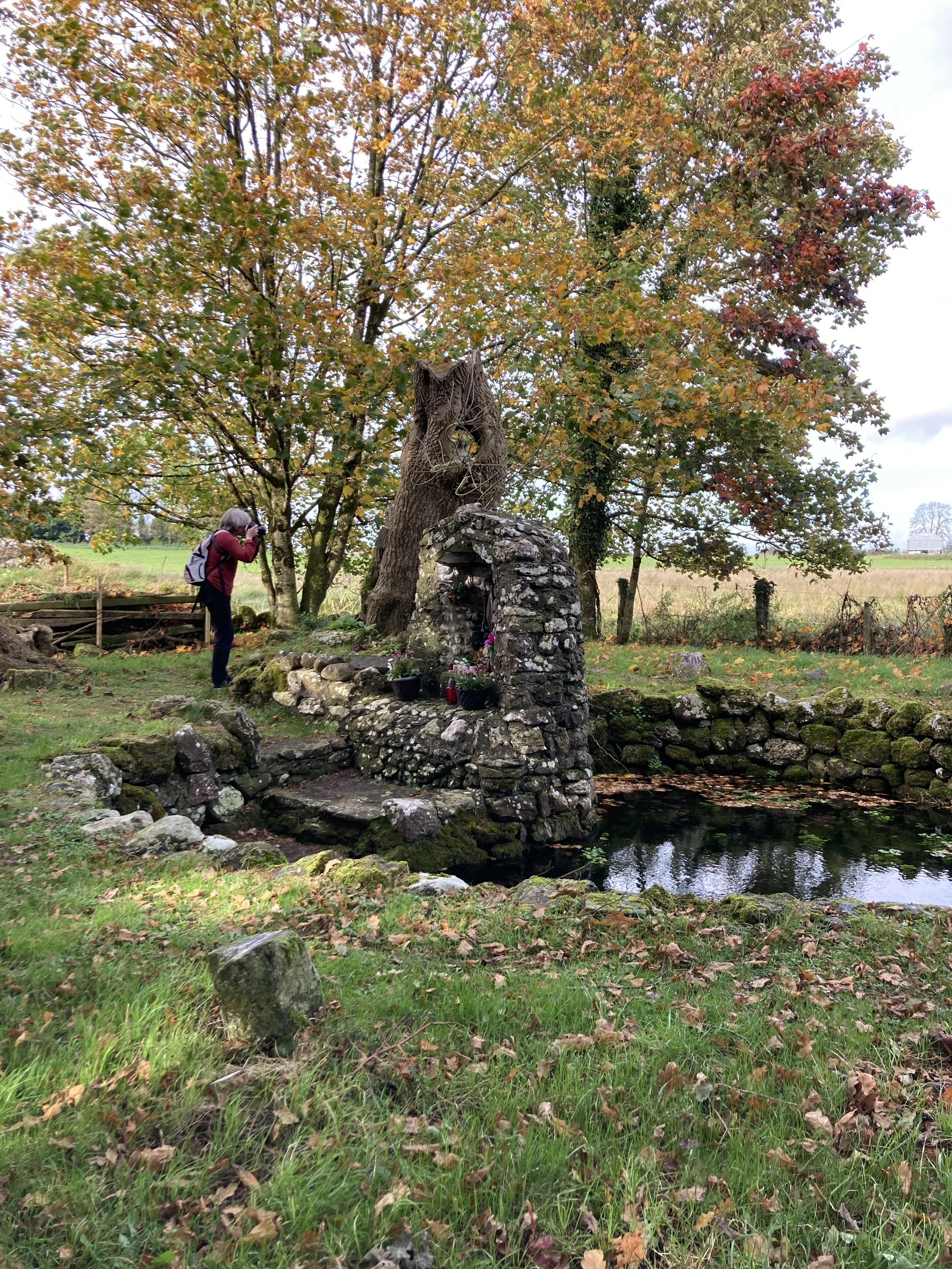 A woman with blonde hair, a red jacket, and a camera on her back taking a photo near a holy well of St. Brigid with an old stone fountain with a small pond, surrounded by autumn trees and fallen leaves.