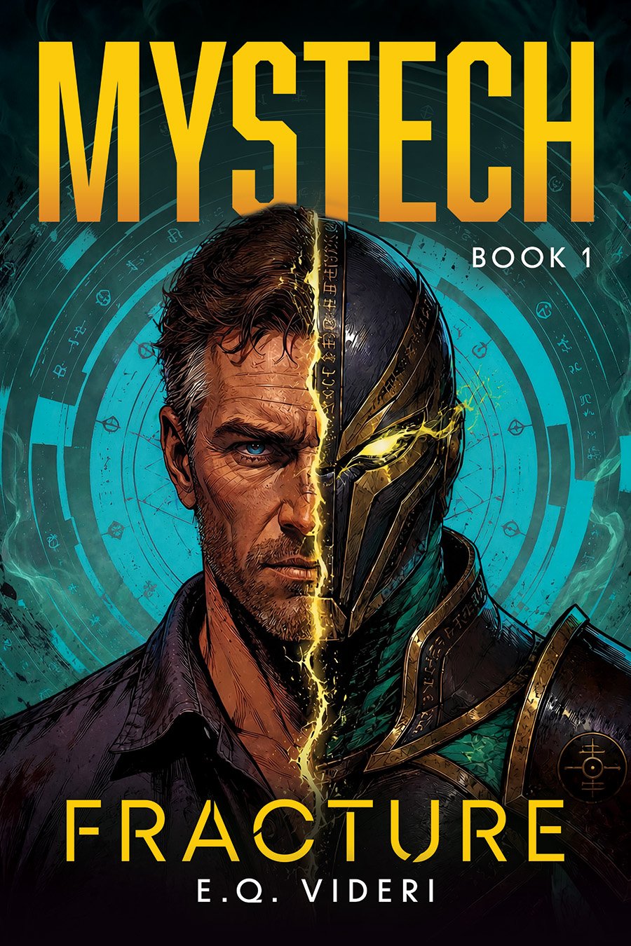 Book cover for 'Mystech: Fracture' by E.Q. Videri, featuring a split face of a man with blue eyes and a futuristic masked soldier, against a circular digital background.