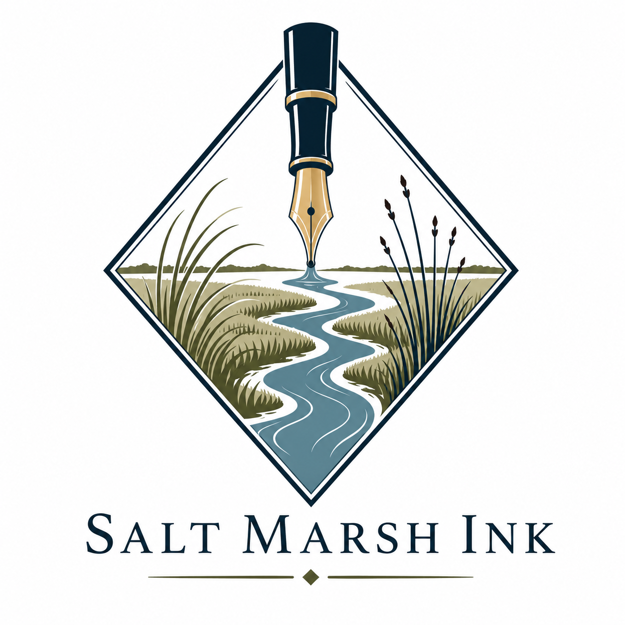 A logo for Salt Marsh Ink featuring a fountain pen nib positioned above a salt marsh landscape with a winding river, tall grasses, and marsh plants in muted greens and blues, with the text 'Salt Marsh Ink' below.