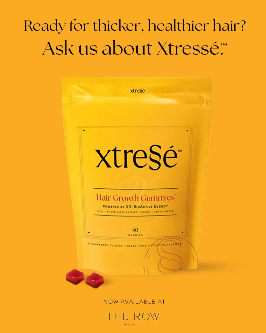 New product announcement at The Row Medical Spa! 

Introducing Xtress&eacute;&trade; Hair Growth Gummies.

I've been on my own personal hair growth journey after losing my hair due to thyroid/hormone issues and I'm so excited to have finally found so