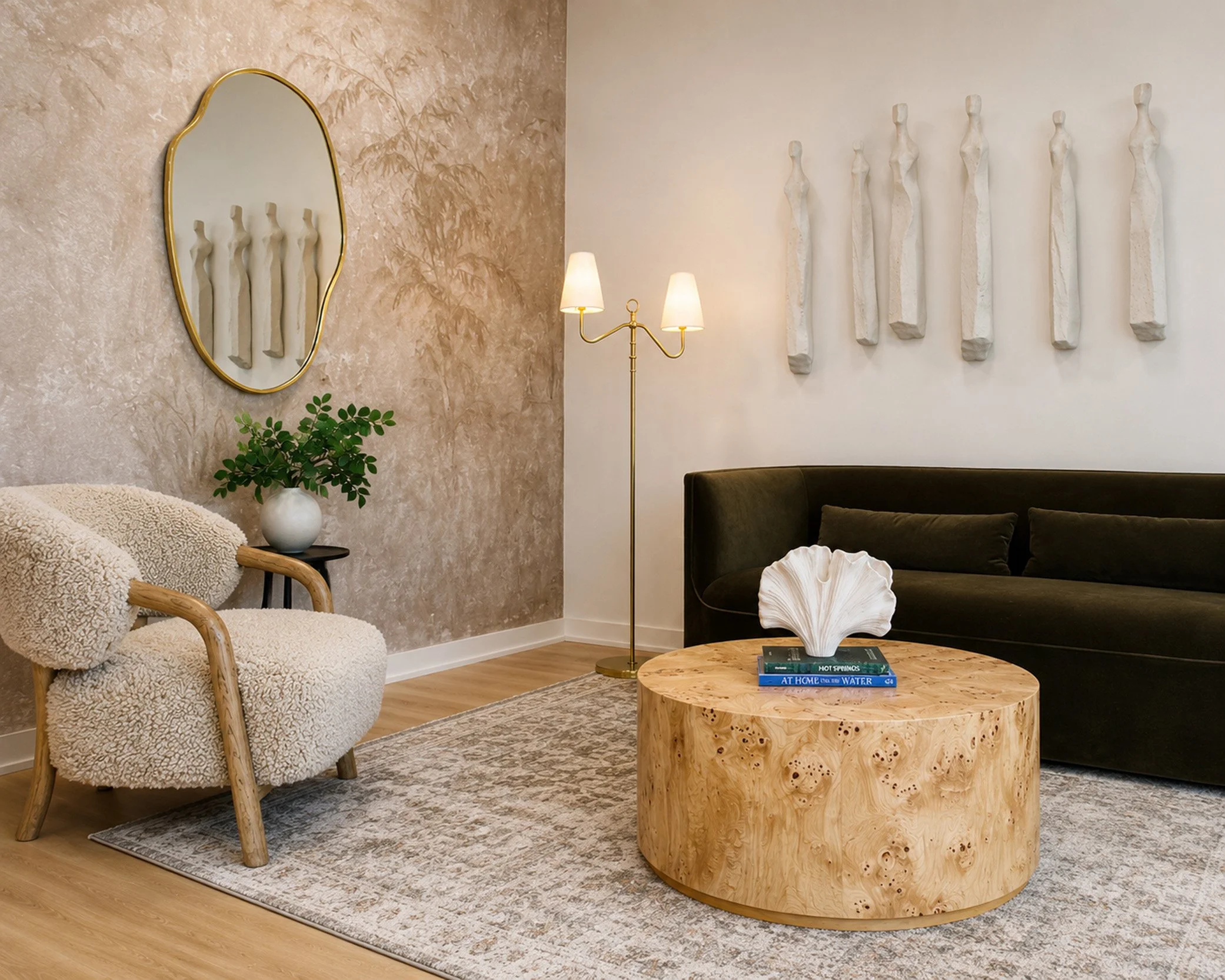 Interior of a modern spa waiting room with a beige textured wall, a large mirror, a potted plant, a cozy armchair, a green velvet sofa, wooden coffee table, and decorative wall art sculptures.