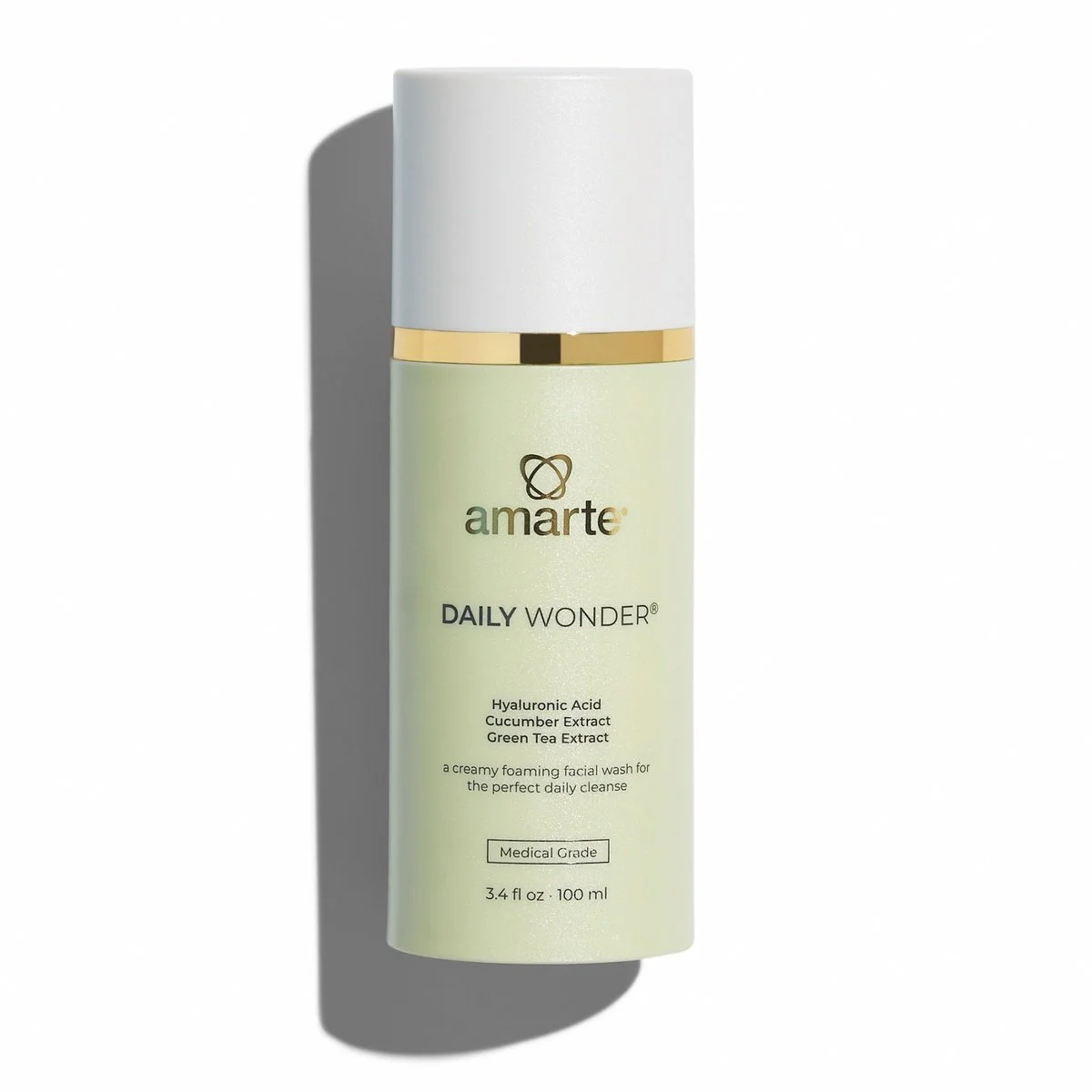 A light green bottle of Amarte Daily Wonder facial cleanser with a white cap and gold accent, showing the product label and ingredients.