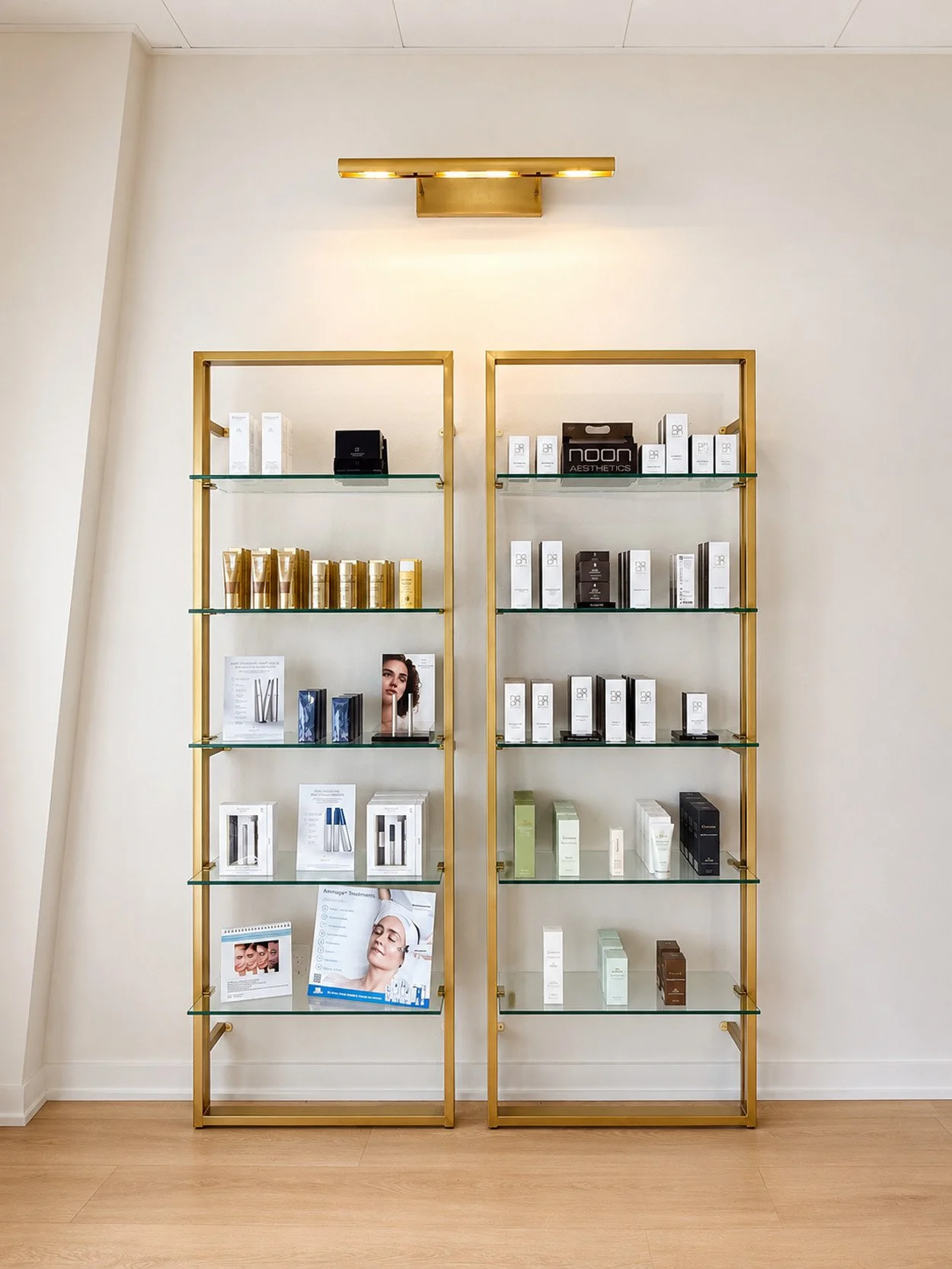 Display shelves with skincare and beauty products in a spa or clinic interior.