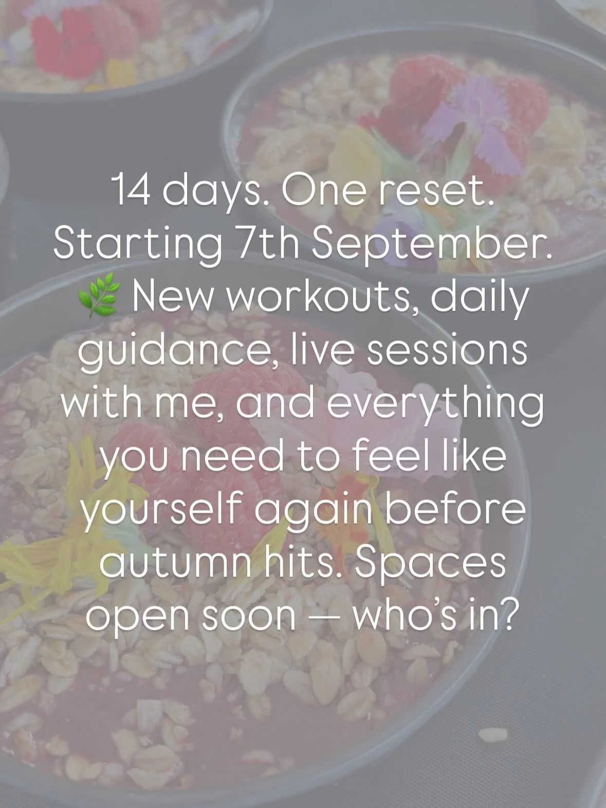 14 days. One reset. Starting 7th September. 🌿 New workouts, daily guidance, live sessions with me, and everything you need to feel like yourself again before autumn hits. Spaces open soon &mdash; who&rsquo;s in?