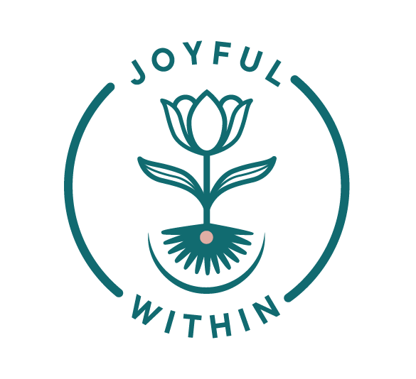 A circular logo with the words 'Joyful Within' at the top and bottom, featuring a stylized flower in the center sprouting upward from a pattern resembling a sun or burst, with a small circle at the base of the flower.