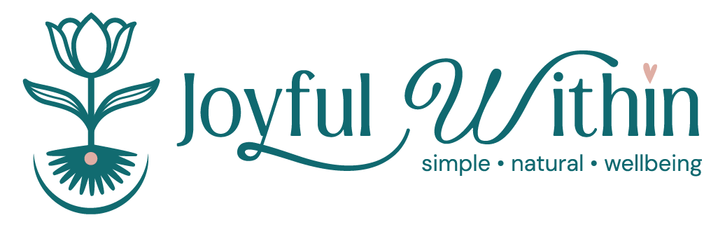 Logo for 'Joyful Within' featuring a stylized flower with a rainbow-colored heart above the 'i' in 'Within', and the tagline 'simple natural wellbeing'.