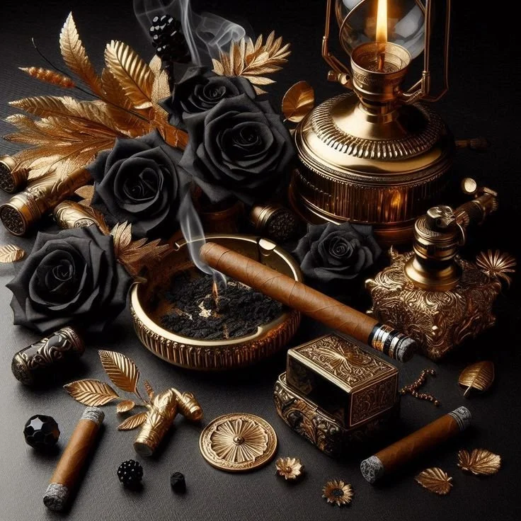 A collection of black roses, golden feathers, and vintage smoking accessories including cigars, a lighter, an ashtray, and an oil lantern arranged on a dark surface.