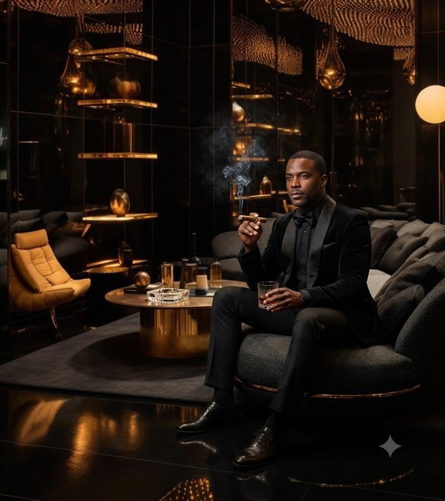 A man in a black suit and bow tie sits on a modern gray sofa in a luxurious dimly lit room, smoking a cigar and holding a glass of whiskey. The room features dark walls, gold accents, and stylish decor with warm lighting.