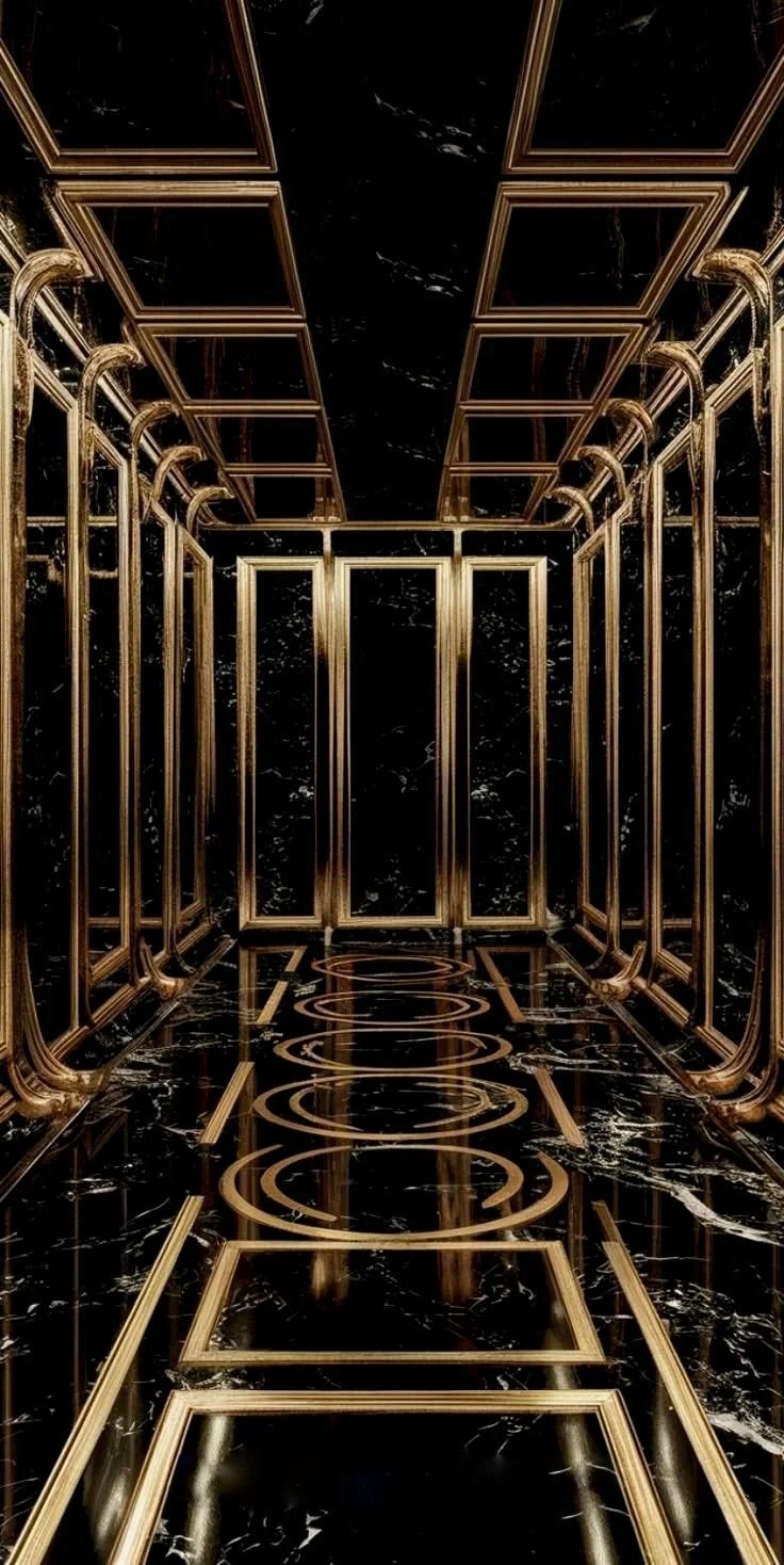 Luxurious elevator interior with black marble walls and floor, featuring gold accents and intricate design patterns.