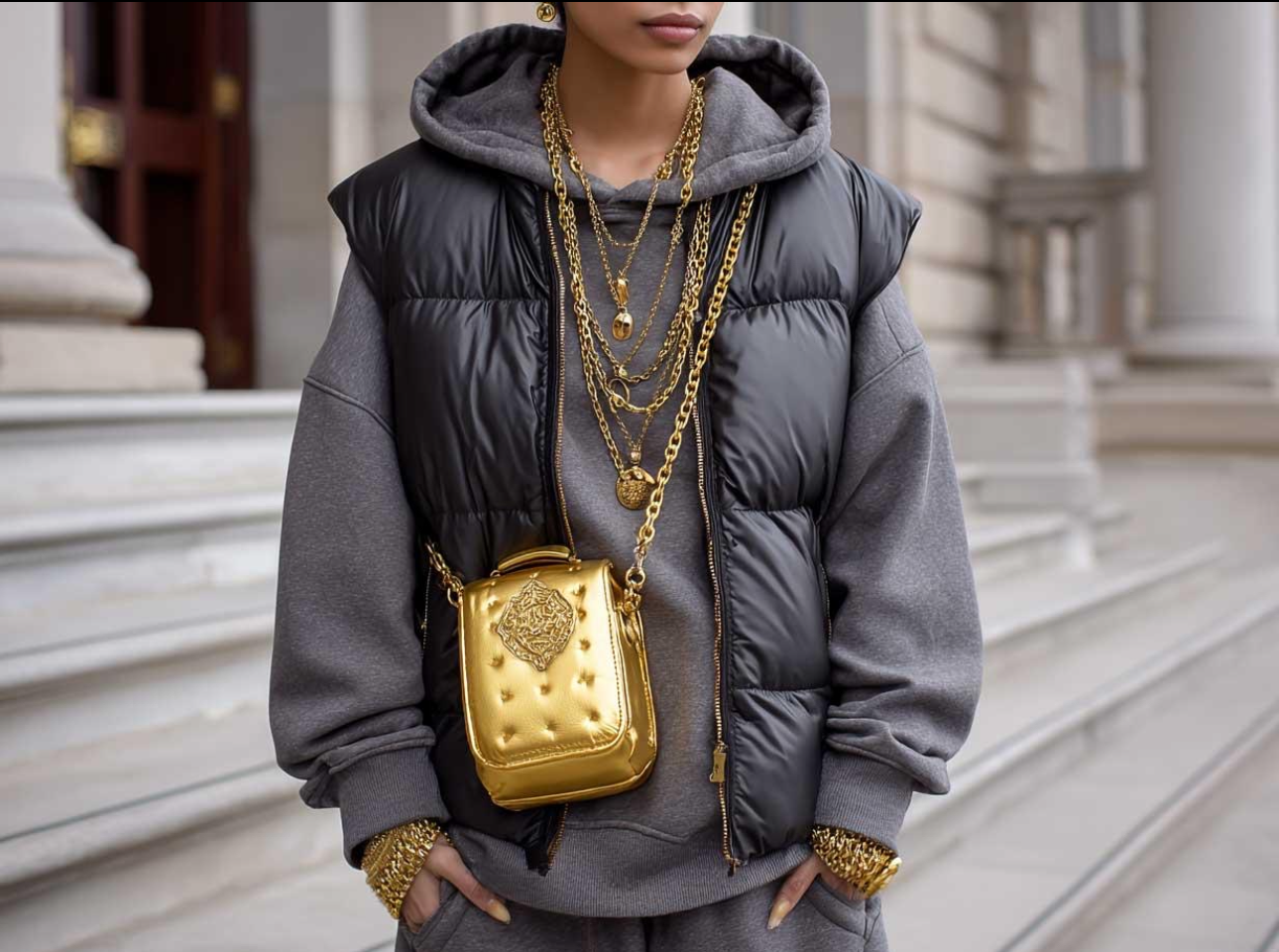 Person wearing layered gray hoodie, black puffer vest, gold jewelry, and carrying a shiny gold purse, standing outside a building with stone steps.